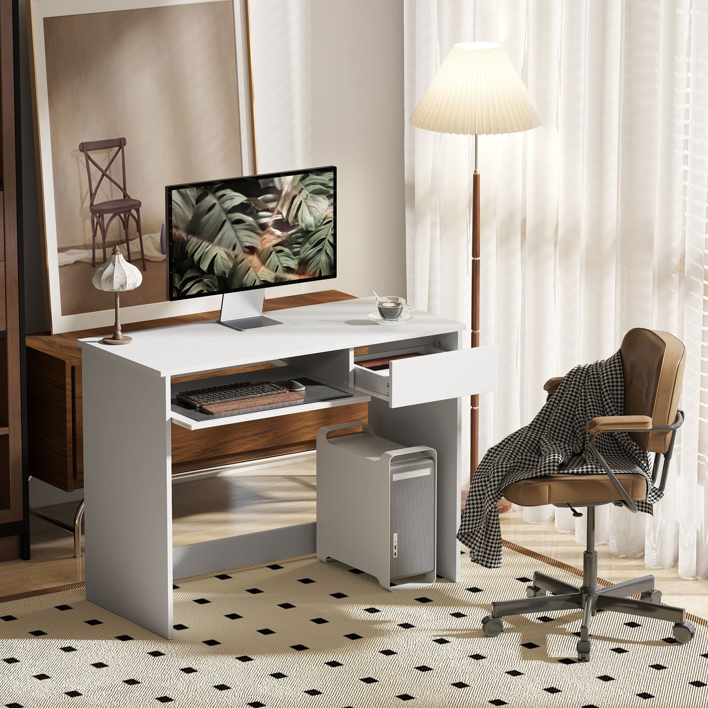 HOMCOM Compact Computer Desk with Keyboard Tray, Home Office Desk with Drawer for Bedroom Study, White
