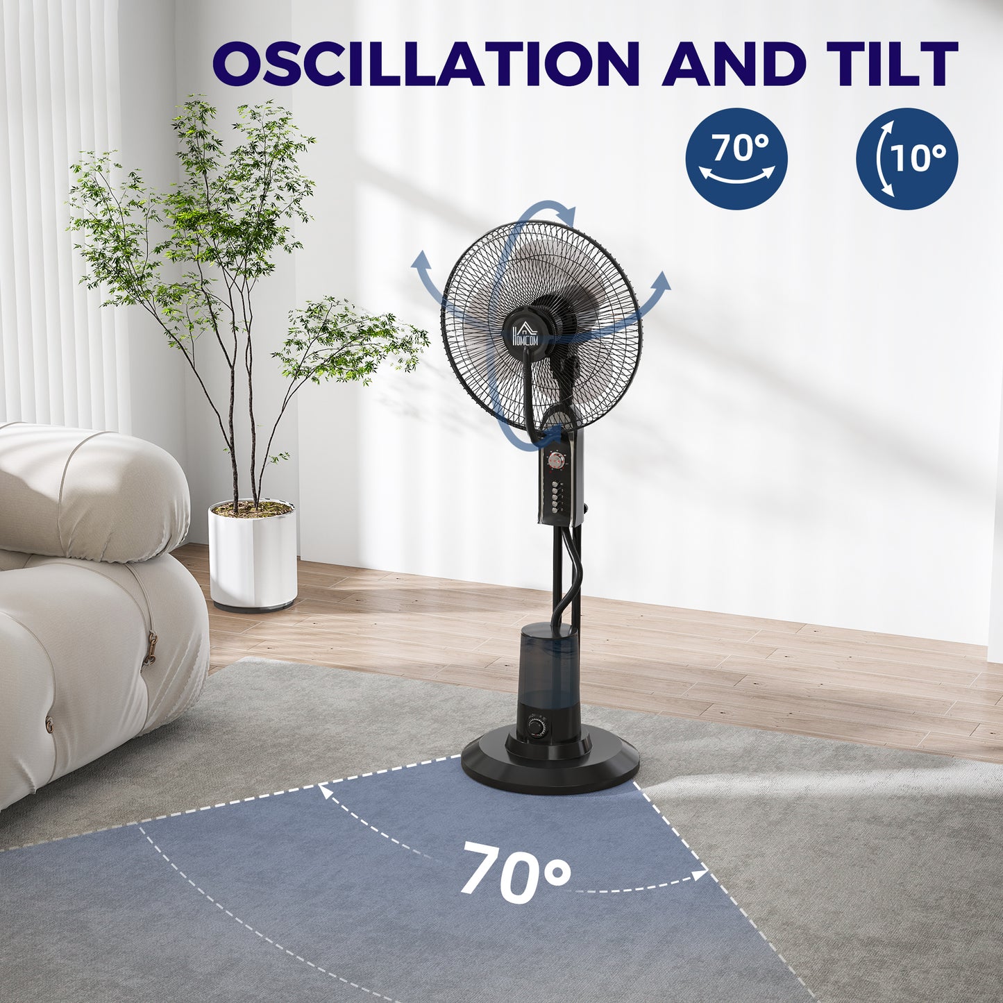 HOMCOM Pedestal Fan with Water Mist Spray, 70° Oscillation, Tilt Head, 4 Speeds, 3 Modes, Adjustable Mist, 3.2L Water Tank, 120 cm, Home, Black