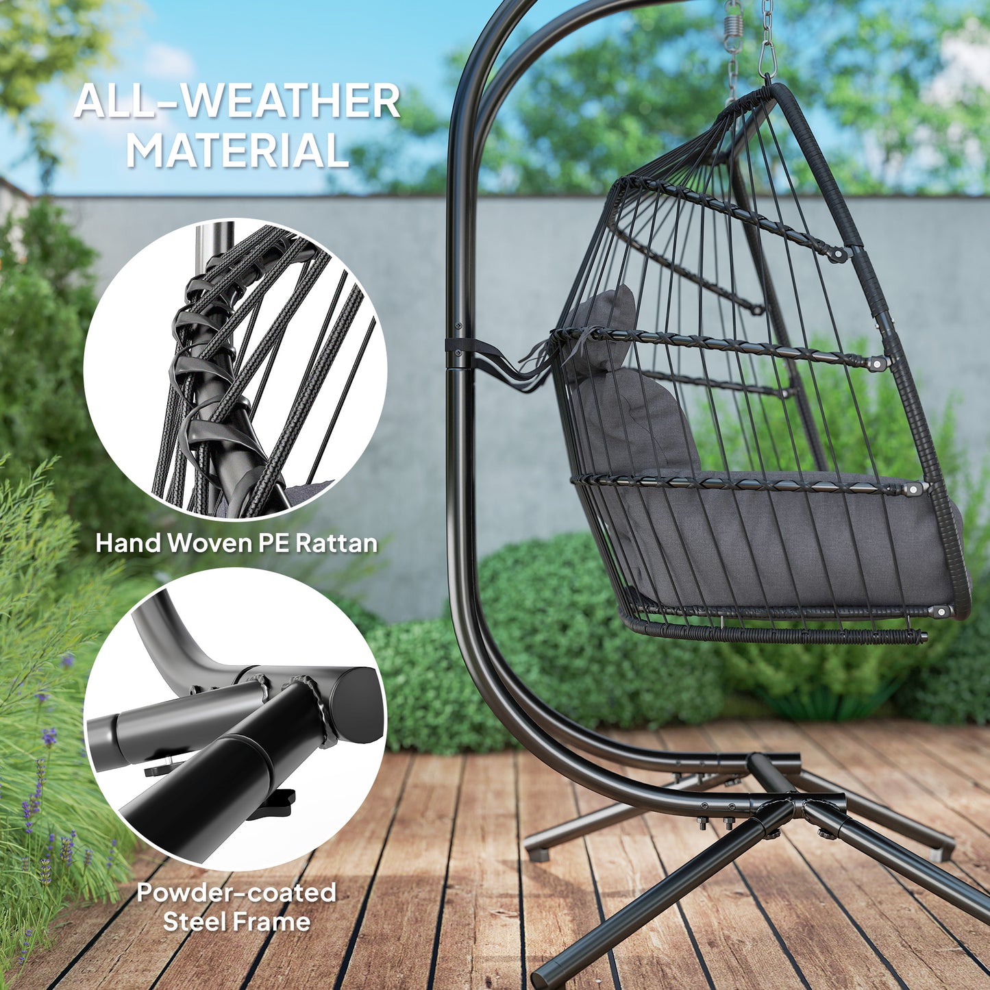 Outsunny Rattan Double Hanging Egg Chair with Stand, Foldable Wicker, Cushion & Head Pillows, 260 kg Capacity, Steel Frame, Indoor/Outdoor, Dark Grey