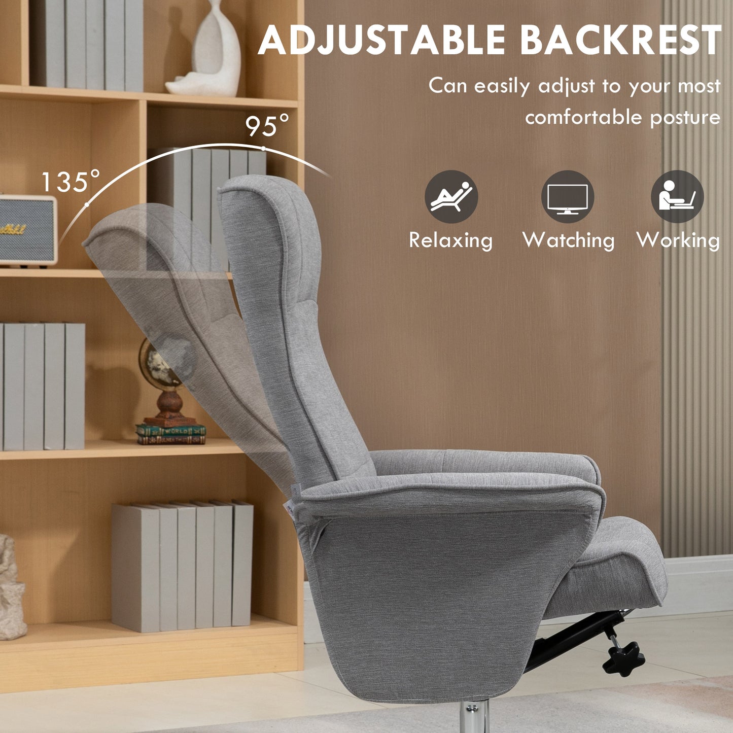 HOMCOM Swivel Recliner Chair with Footstool, Velvet Upholstered Armchair with Ottoman, Steel Base for Living Room, Bedroom, Office, Grey