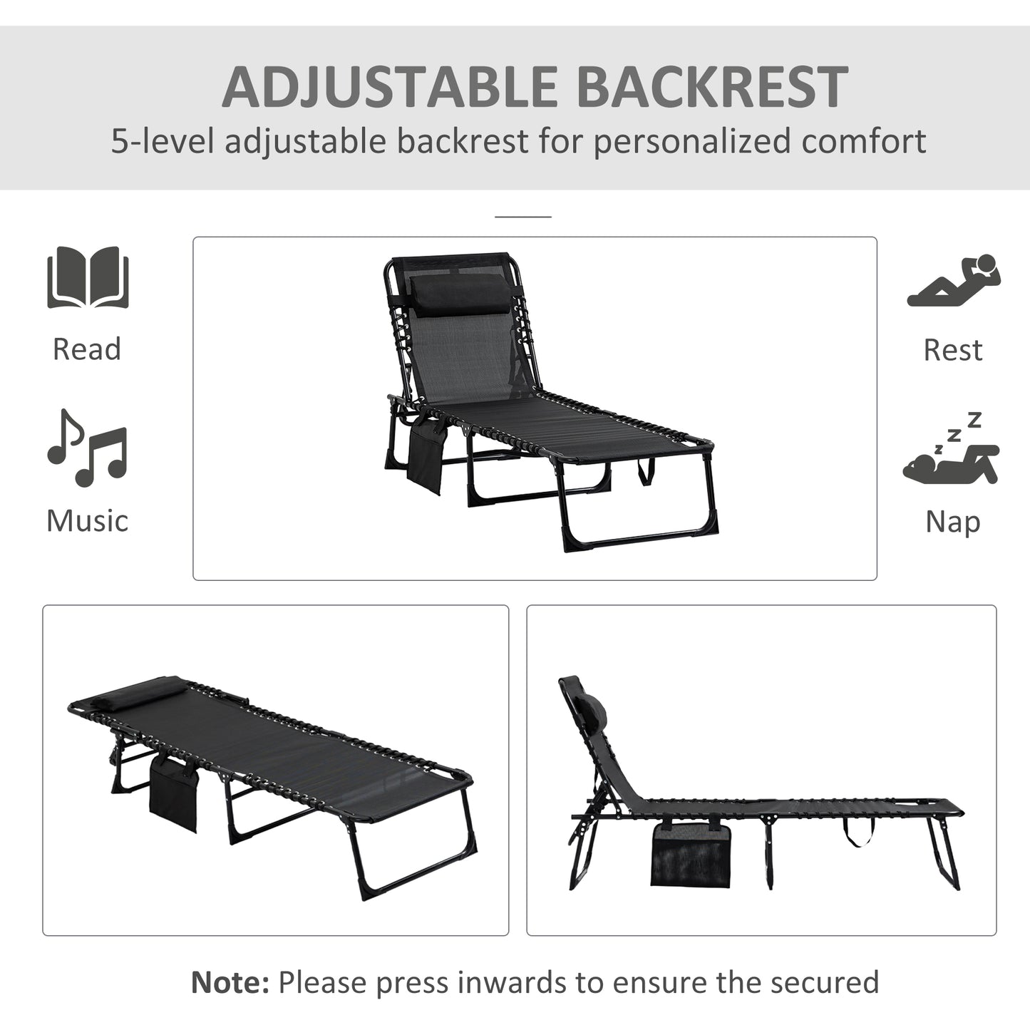 Outsunny Portable Sun Lounger Set of 2, Folding Camping Cot, 5-Position Reclining Chair with Side Pocket, Pillow for Patio Beach Pool, Black