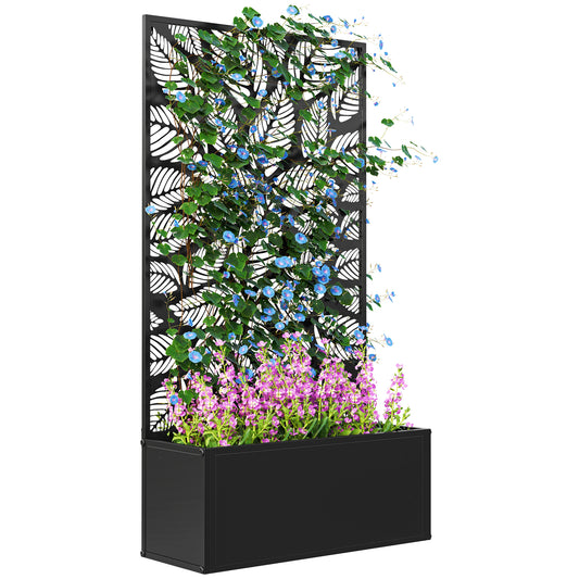 Outsunny Outdoor Metal Planter, with Leaf Back Trellis - Black