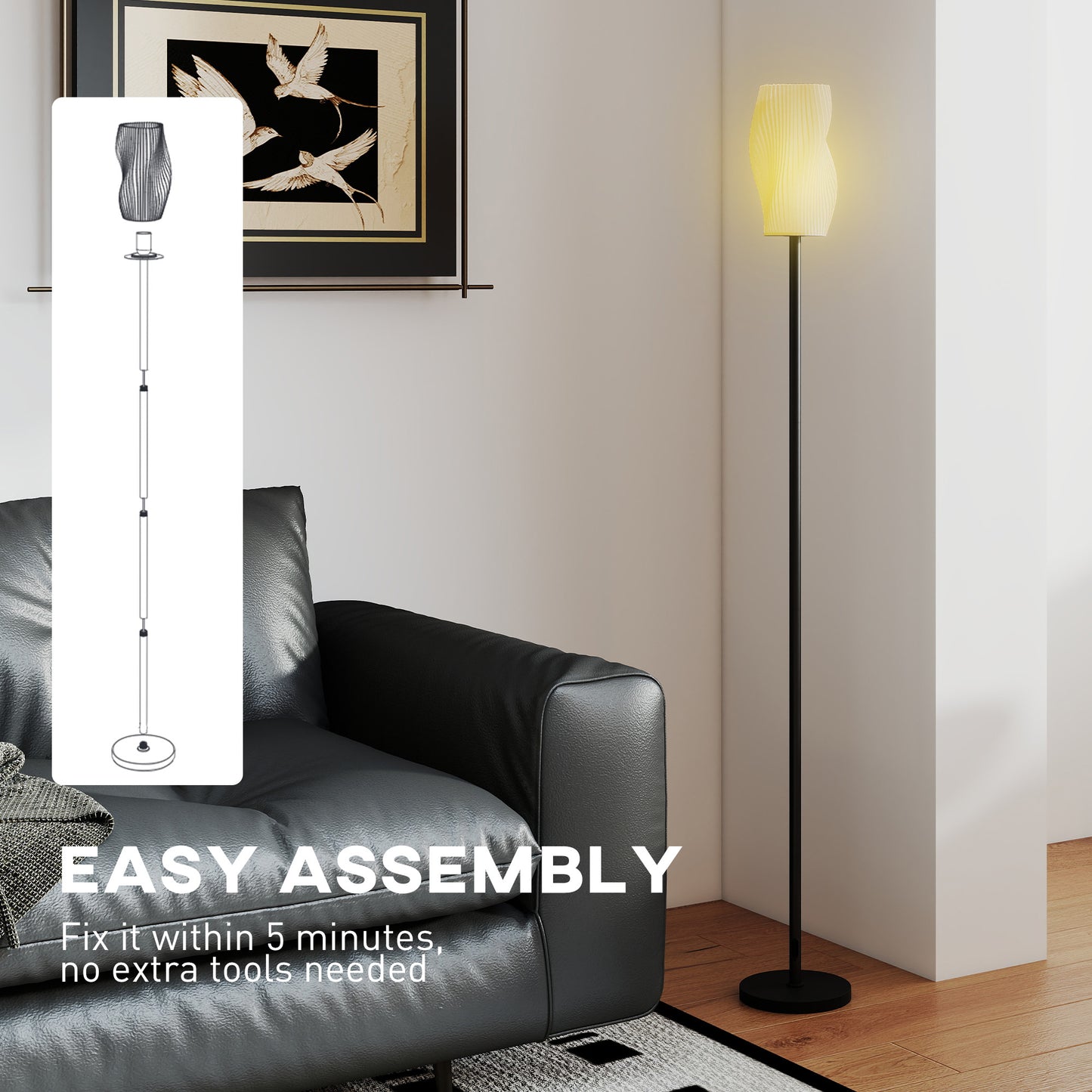 HOMCOM Floor Lamp, 3D Printed Modern Standing Lamp with Curved Shade & Foot Switch, E27 Holder (No Bulb, 25W Max), White
