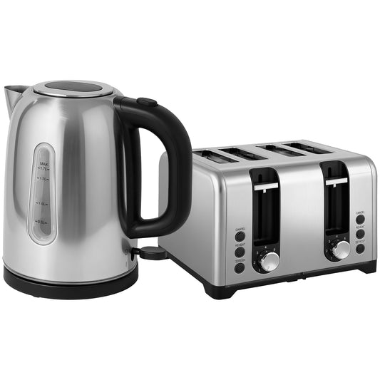 HOMCOM Kettle & Toaster Set, 1.7L 3000W Rapid Boil, Strix Thermostat, Limescale Filter, 4 Slice Toaster, 7 Browning Levels, Crumb Tray, Silver Tone
