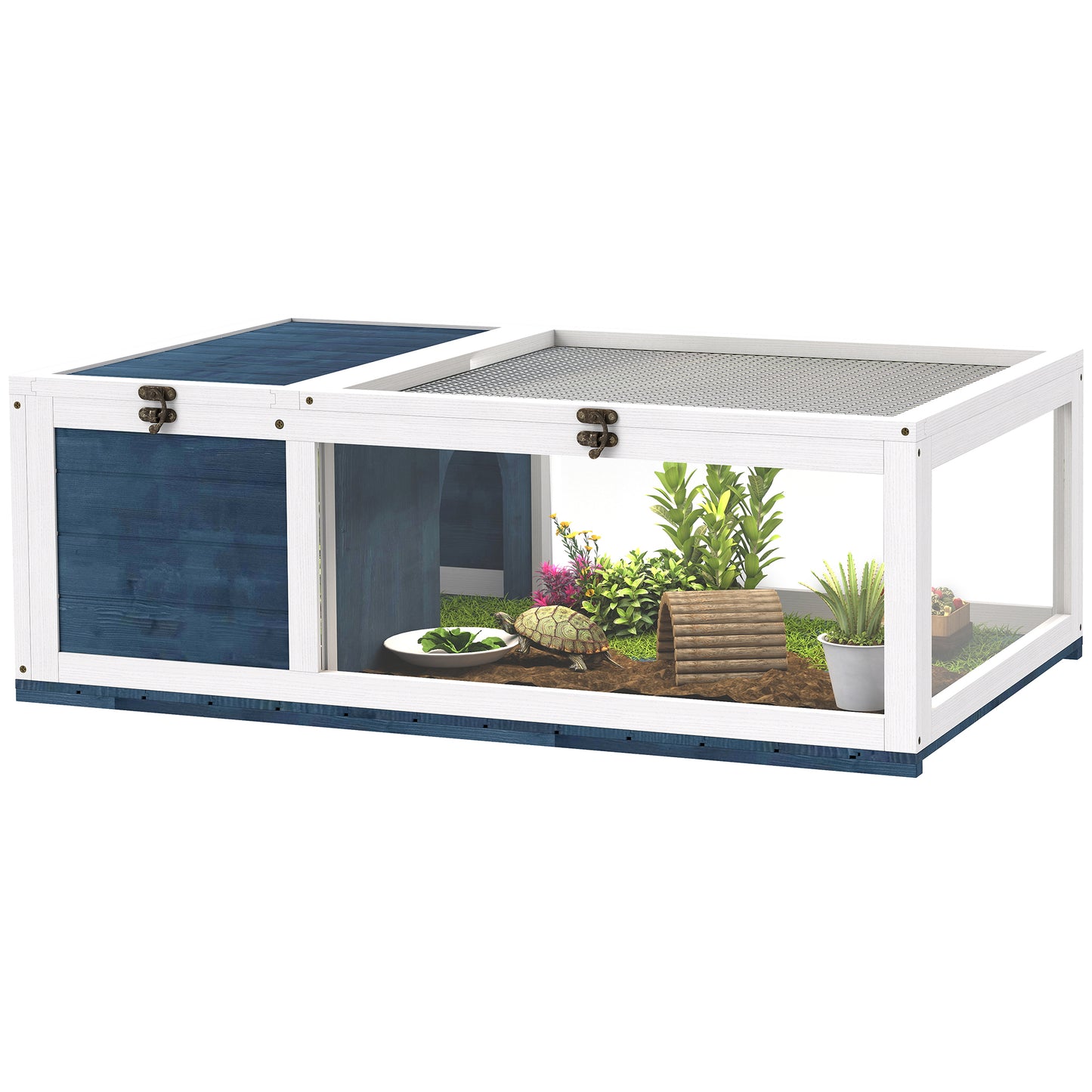 PawHut House enclosure cage habitat for small animals tortoises with 2 spaces 91 x 60.5 x 32 cm solid wood blue