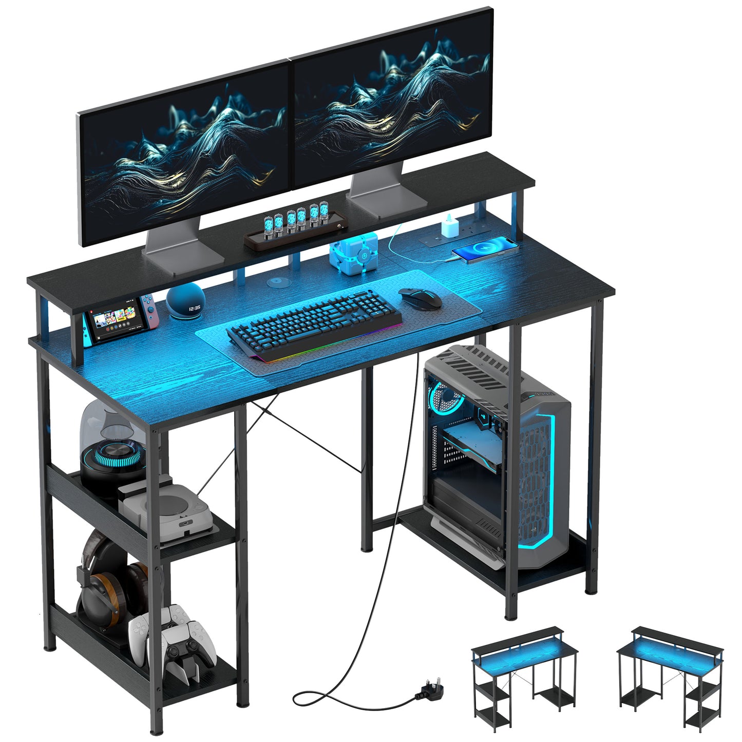 HOMCOM Computer Desk with Power Outlets and LED Lights, 120 x 50cm with Cable Management, Black