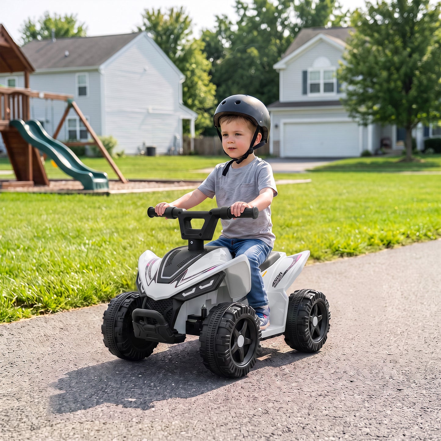 AIYAPLAY 6V Battery Powered Kids ATV, Quad Bike w/ Handlebar Button Control, Max 1.2MPH, Max 55lbs Load, for 18-48 Months, White