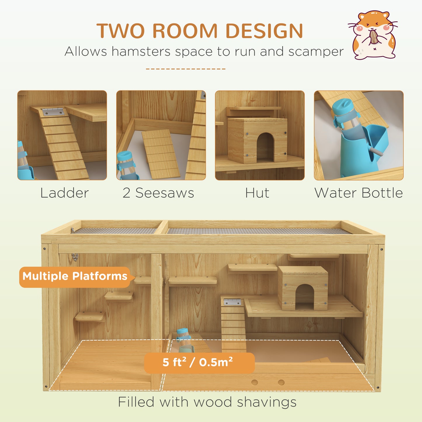 PawHut Wooden Hamster Cage with Water Bottle, Platforms, Openable Roof, Sliding Tray, Hut, Seesaws, Natural Wood Finish