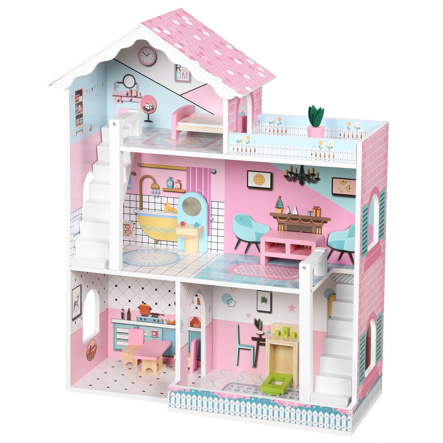 AIYAPLAY Wooden Dolls House, Large 3-Storey Modern Dollhouse with 10 Accessories, Pretend Play Toy Gift for Ages 3-6 Years, Pink