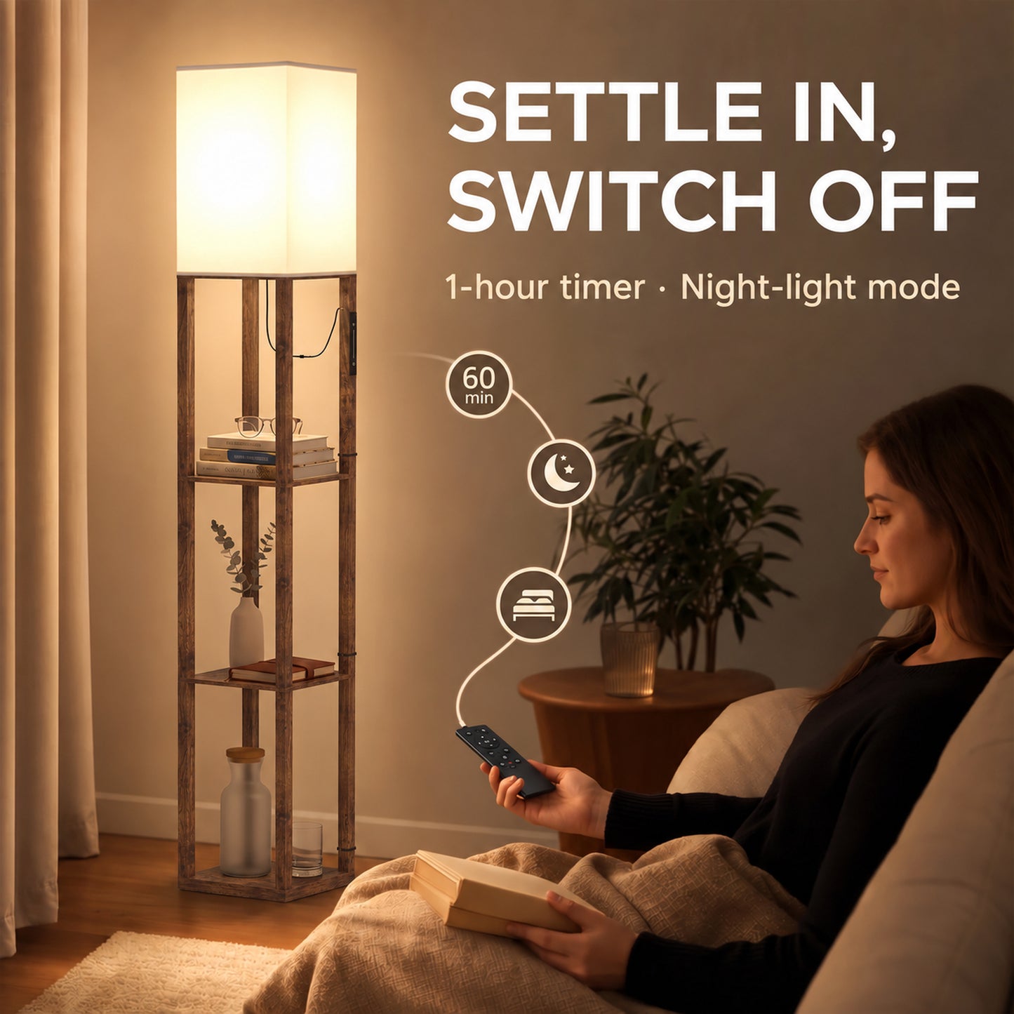 HOMCOM Floor Lamp with Shelves, Modern Dimmable Standing Lamp with Fabric Shade, Adjustable Colour Temperature, Rustic Brown