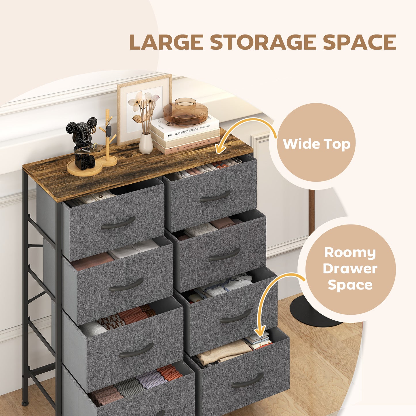 HOMCOM Chest of Drawers, Industrial Dresser with 8 Fabric Drawers, Steel Frame, Wooden Top for Bedroom, Nursery, Hallway, Rustic Brown and Grey