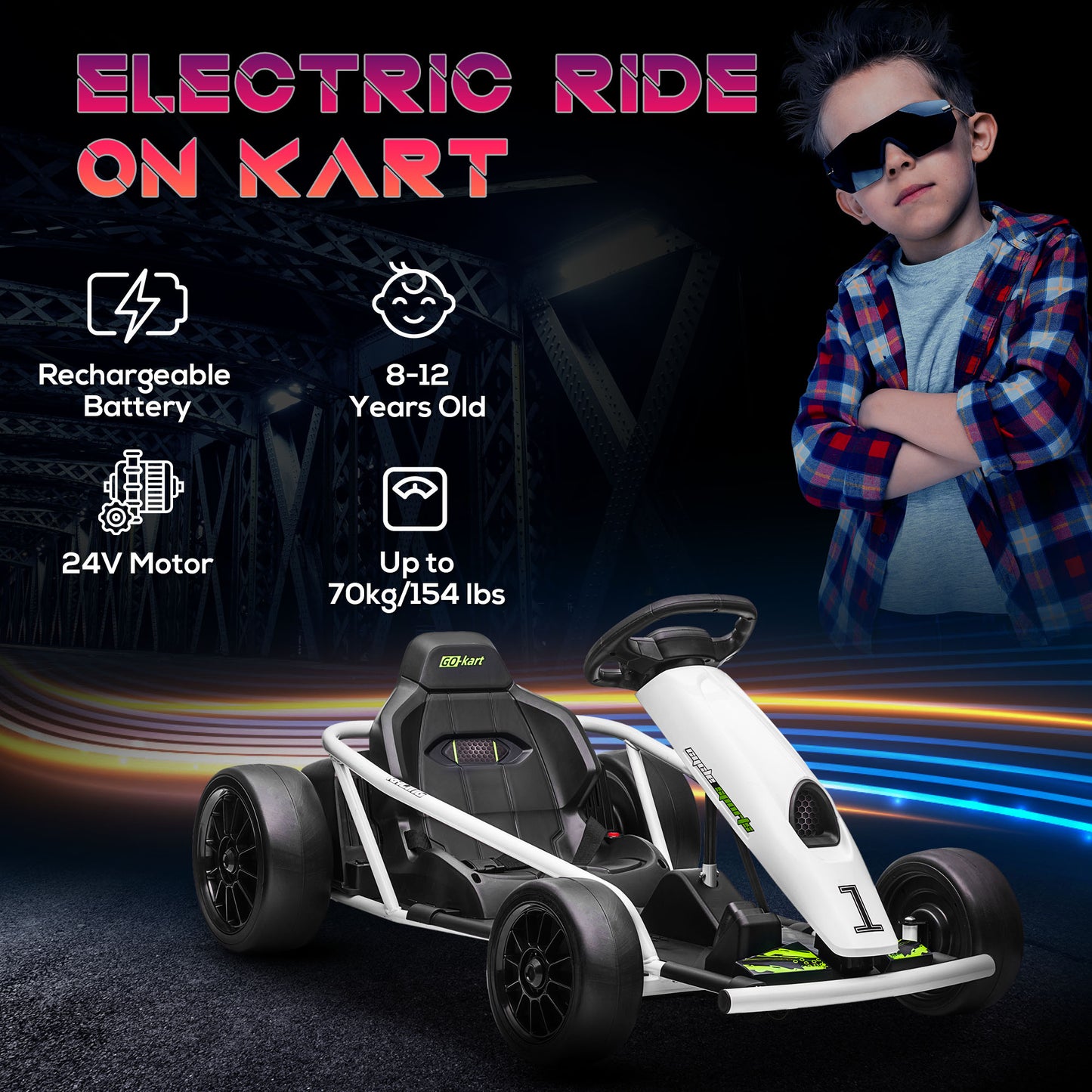 HOMCOM 24V Electric Go Kart for Kids, Drift Ride-On Racing Go Kart with 2 Speeds, for Boys Girls Aged 8-12 Years Old, White