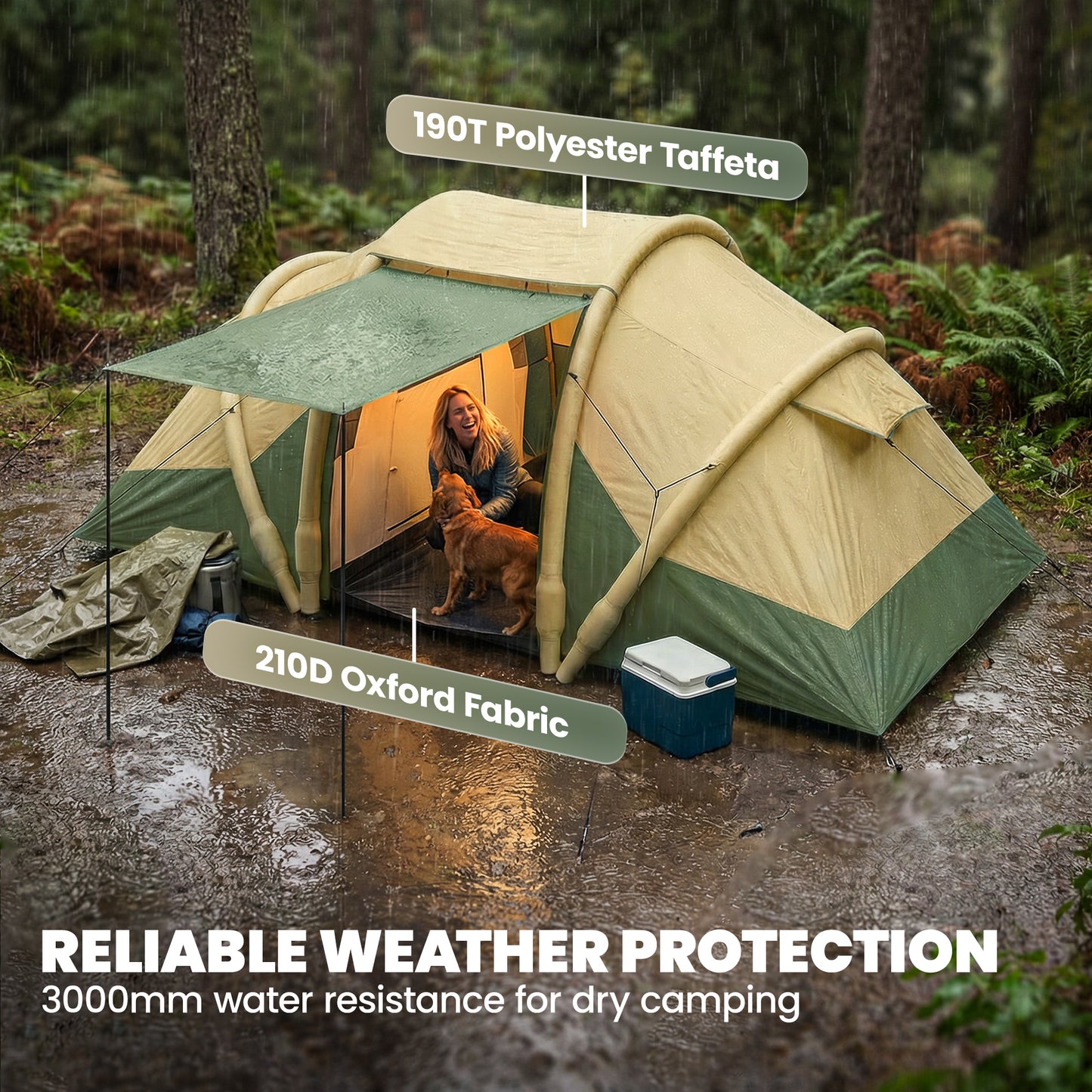 Outsunny Inflatable Tent 2 Bedroom 3000mm Waterproof Windproof Air Tent with Carry Bag for 4 Person