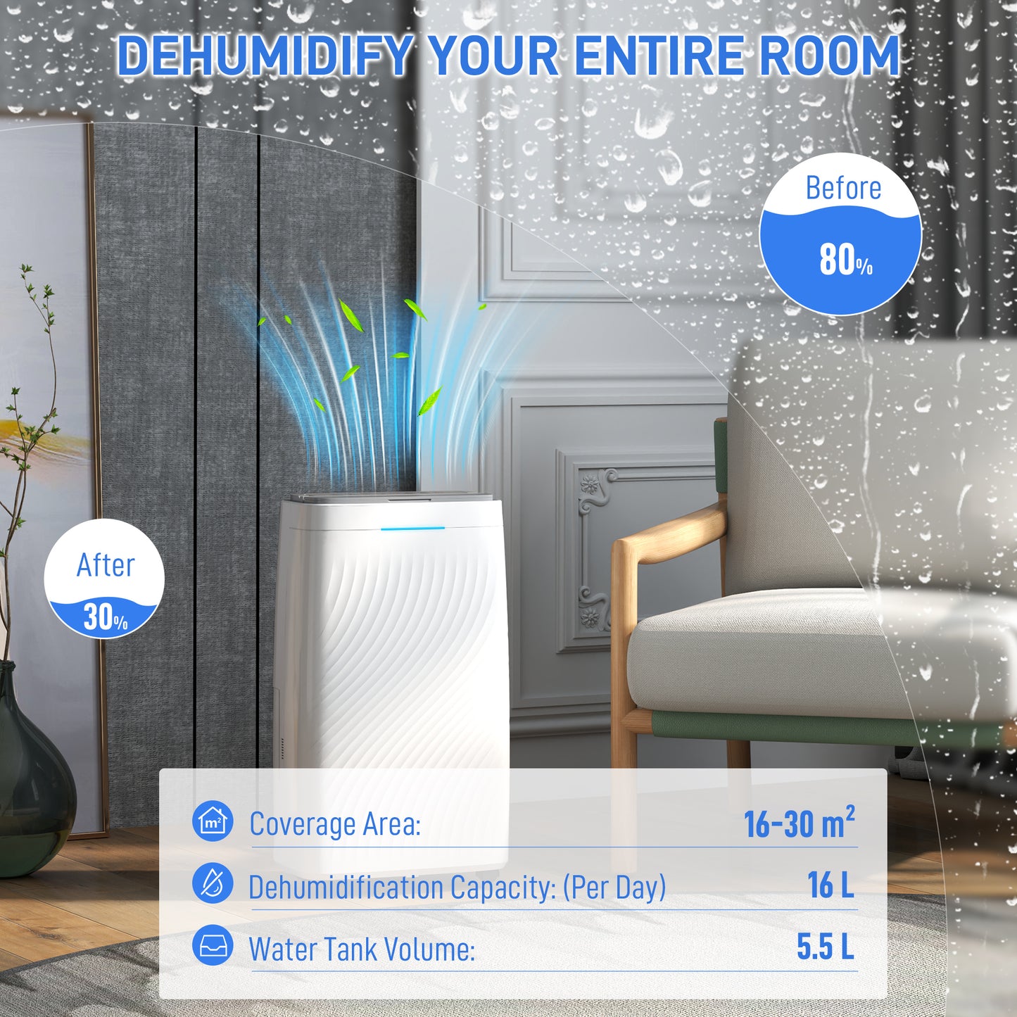 HOMCOM 16L/Day Dehumidifier with Activated Carbon Air Filter, Continuous Drainage, 5.5L Water Tank