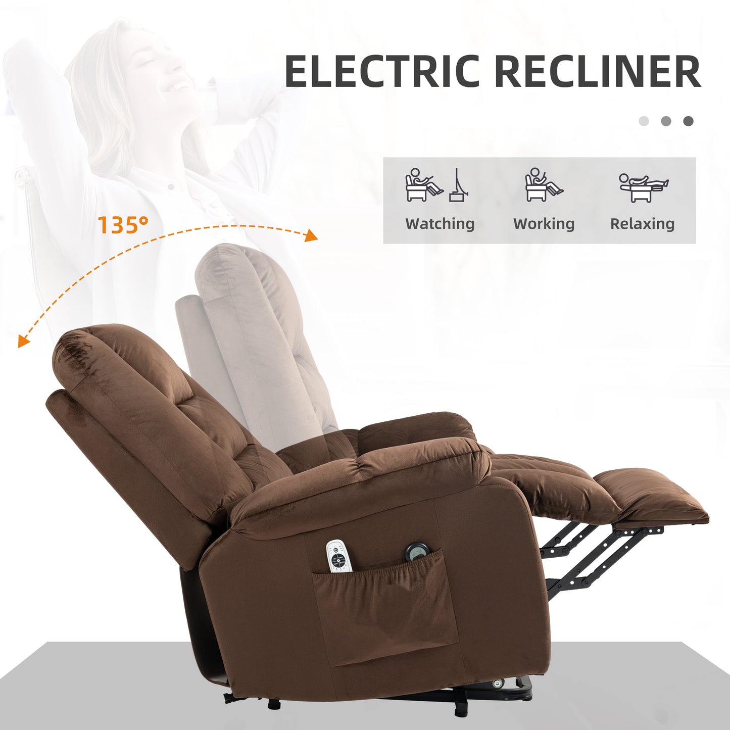 HOMCOM Lift Chair Quick Assembly Electric Riser and Recliner Chair with Vibration Massage Heat Side Pockets Brown