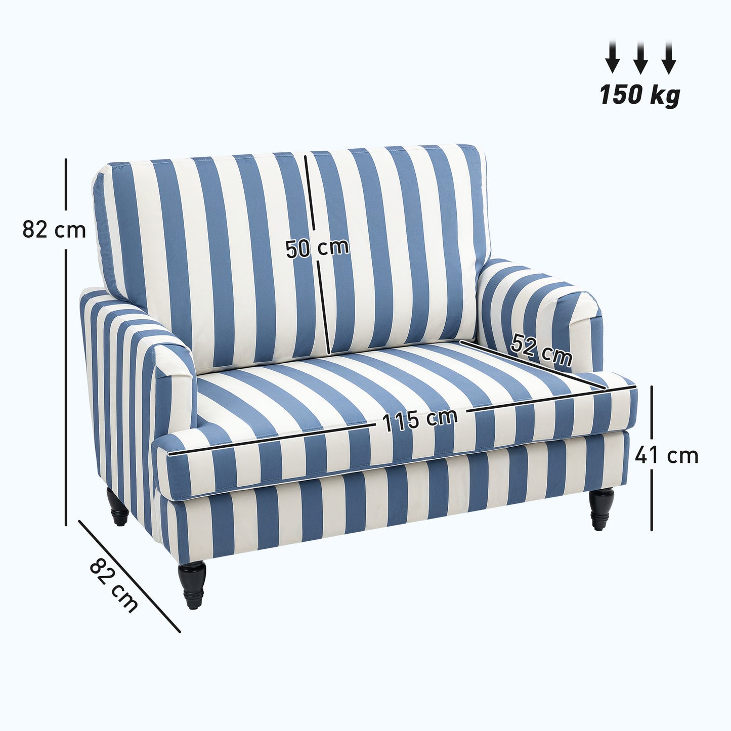 HOMCOM Velvet Single Sofa Armchair, Modern Cuddle Chair with Stripe, Turned Legs, Wide Seat for Living Room/Bedroom, Blue and White
