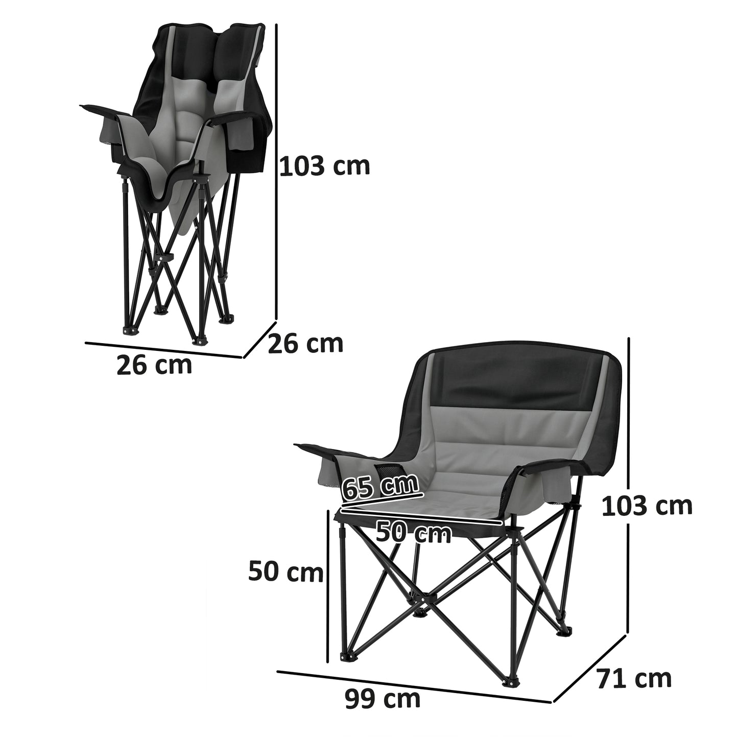 Outsunny Folding Camping Chair, Portable Padded Chair with Cup Holders, Side Pockets, Carry Bag for Picnic, Hiking, Fishing, Grey