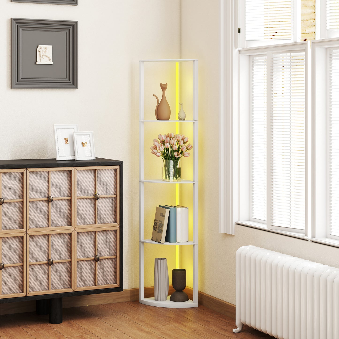 HOMCOM LED Floor Lamp with Shelves, 5-Tier Dimmable Standing Lamp, Adjustable Brightness, Remote Control, Corner Display Shelf Unit, White