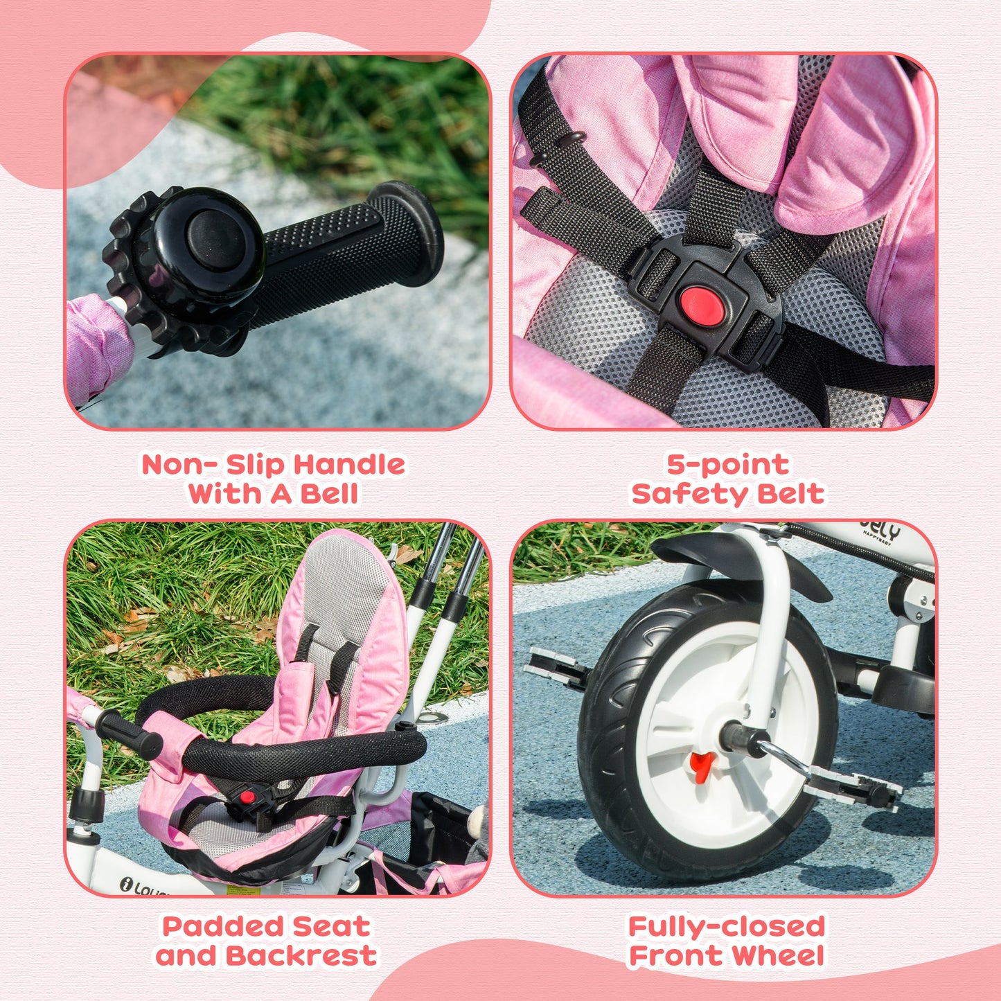 HOMCOM 4 in 1 Kids Trike Push Bike w/ Push Handle 5-point Safety Belt for 1-5 Years Pink