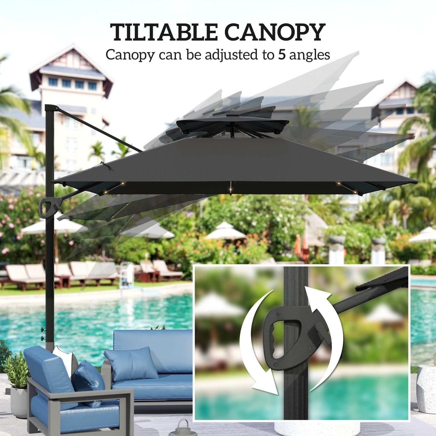 Outsunny Garden Cantilever Parasol, 3.5x3m, Solar LED Lights, UPF50+ Patio Umbrella with Cross Base, Crank Handle & Tilt, Black