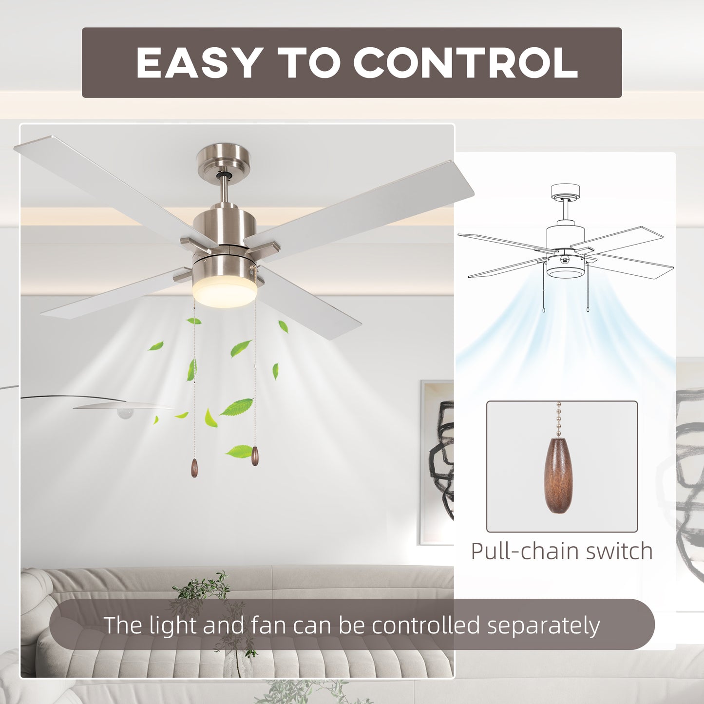 HOMCOM Ceiling Fan with LED Light Flush Mount Ceiling Fan Lights with Reversible Blades Pull-chain Silver and Natural Tone