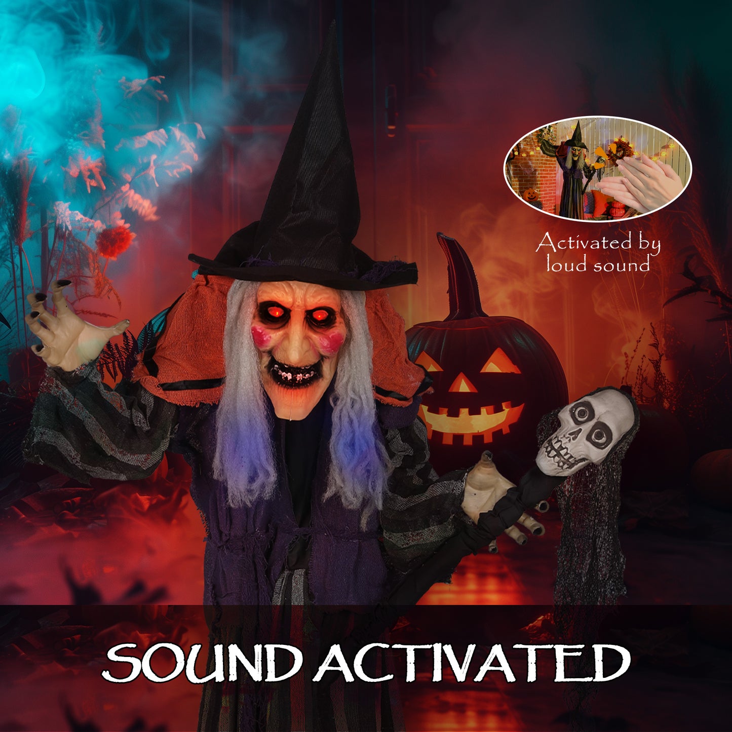 Outsunny Halloween Animated Witch with Skull Staff & Glowing LED Eyes, Battery Operated Indoor Party Prop, 160 cm, Spooky Decor, Black