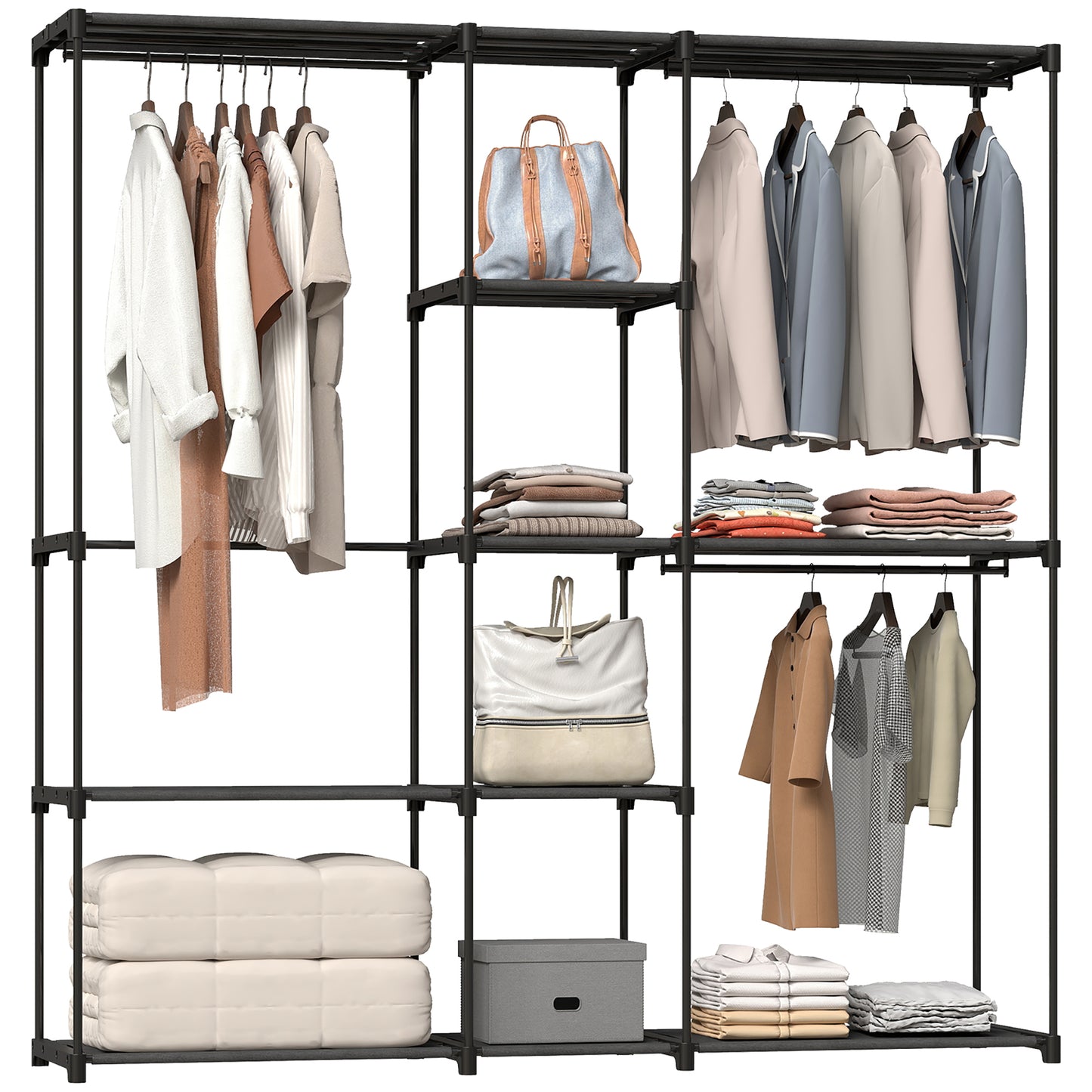 HOMCOM Storage wardrobe, fabric wardrobe with hanging rod and shelves, 182 x 43 x 185 cm, black