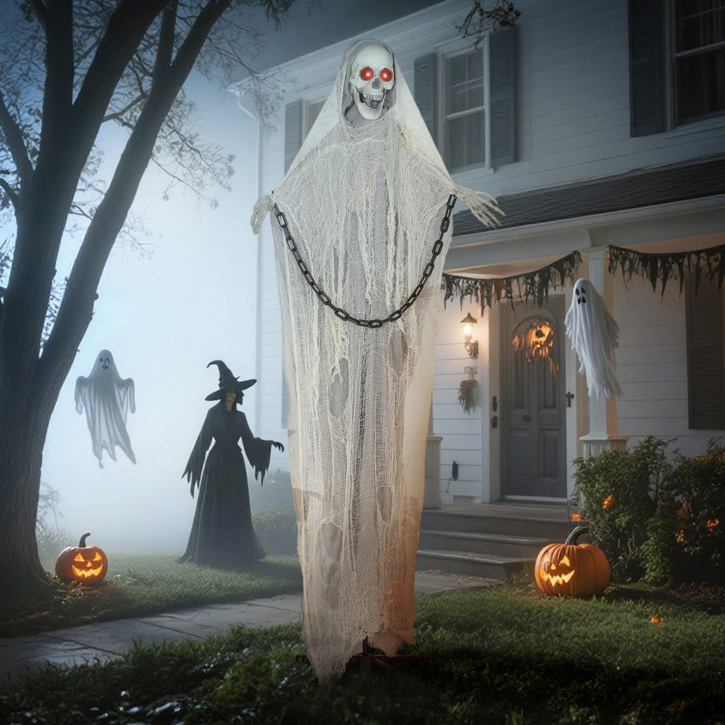 Outsunny 183 cm Life Size Animated Skeleton Grim Reaper with Glowing LED Eyes, Scary Halloween Decorations, Battery Operated, Indoor Props