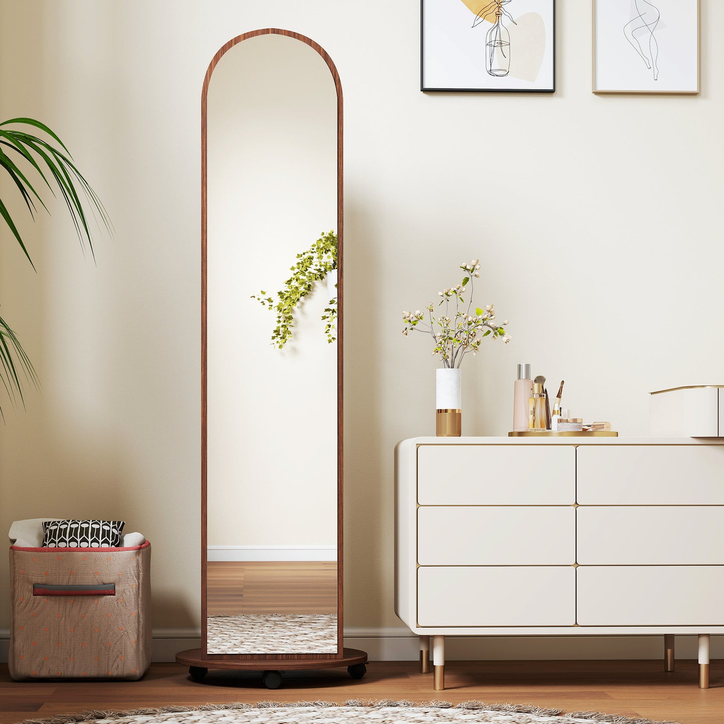 HOMCOM 2-in-1 Full Length Mirror with Storage Shelves, Floor Mirror with 4 Wheels, Coat Rack, Hooks, Brown Wood Effect