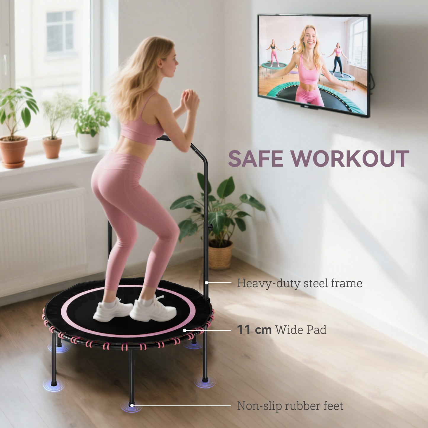 SPORTNOW 40'' Foldable Fitness Trampoline, Mini Bungee Rebounder with 5-Level Adjustable Handle for Adults, Indoor/Outdoor Exercise, Pink