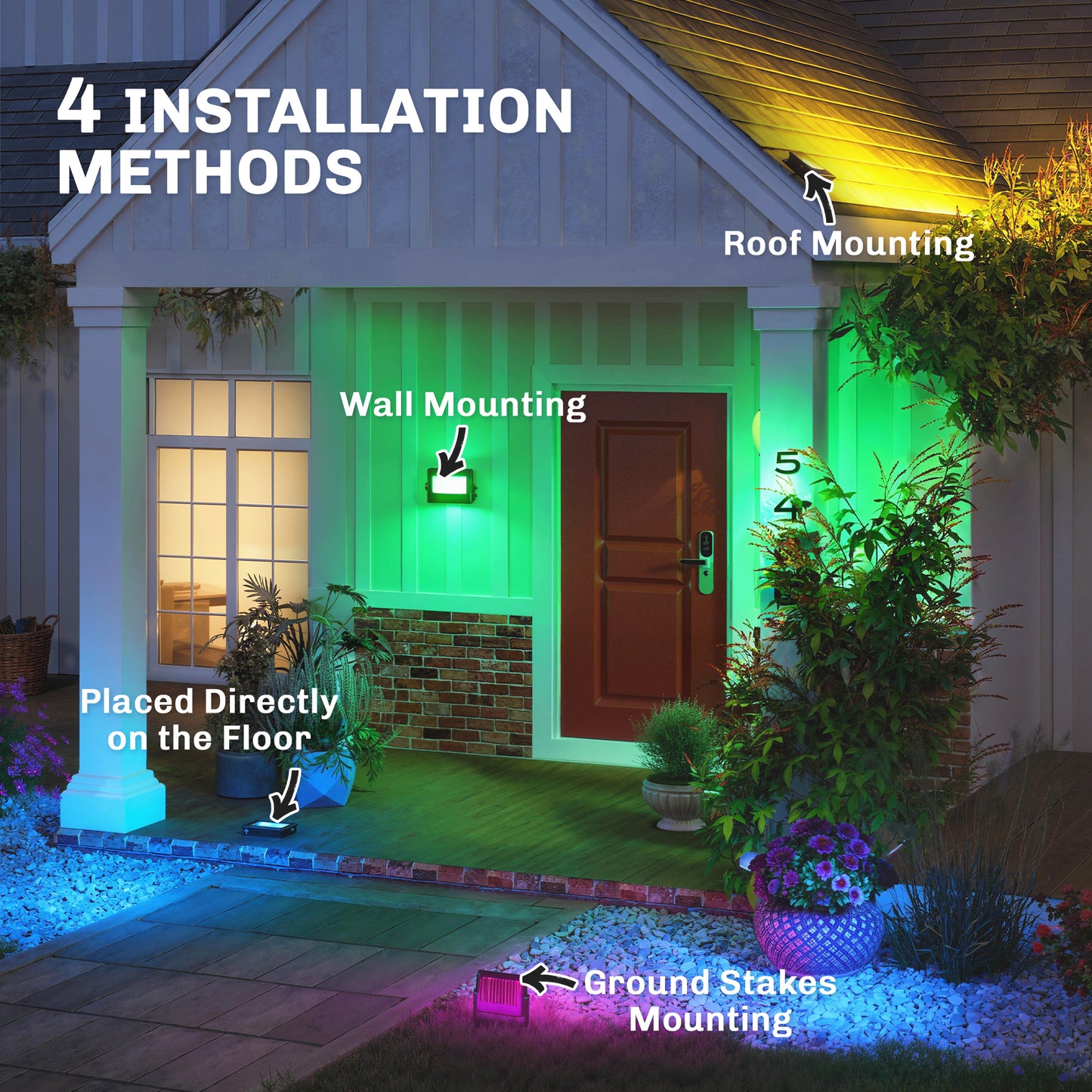 Outsunny 32W LED Floodlights, Linkable 4-Pack Landscape Lighting with Remote Control, RGB Colour Changing, UK Plug, Black