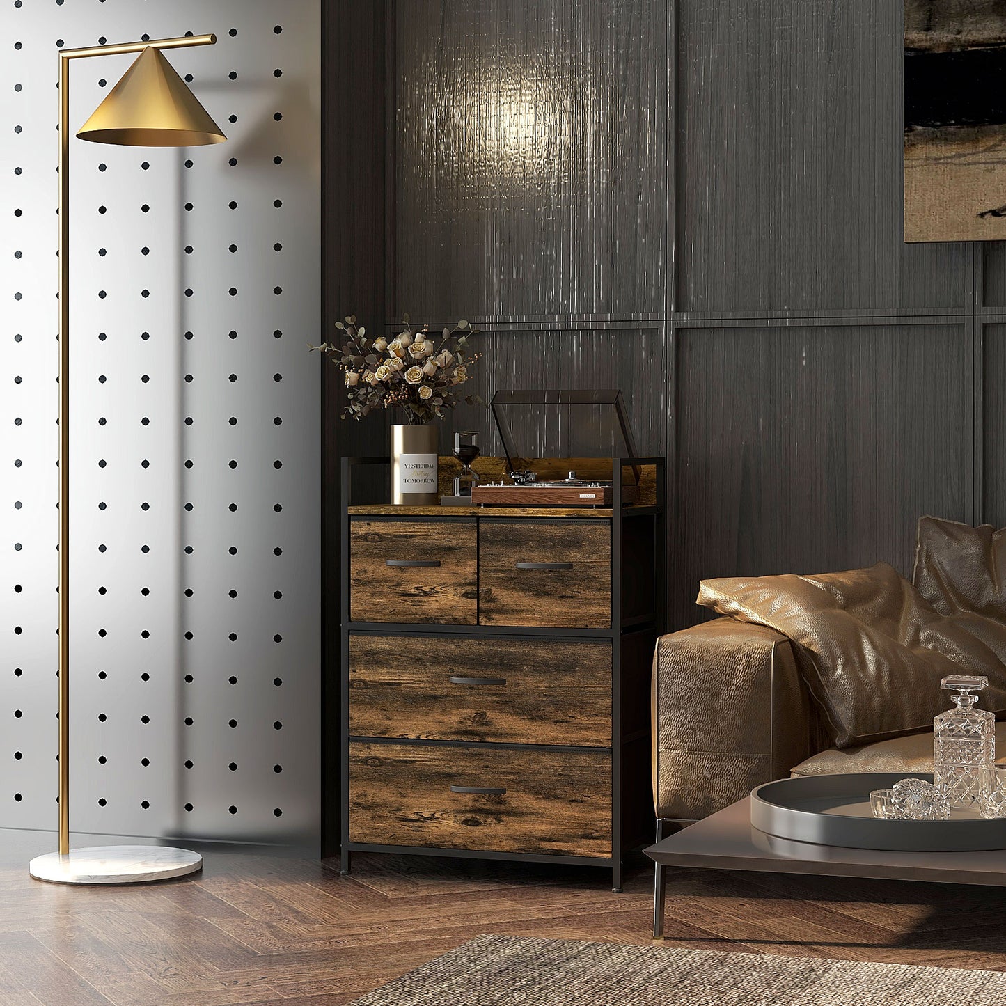 HOMCOM Rustic Chest of Four Fabric Drawers - Brown Wood Effect