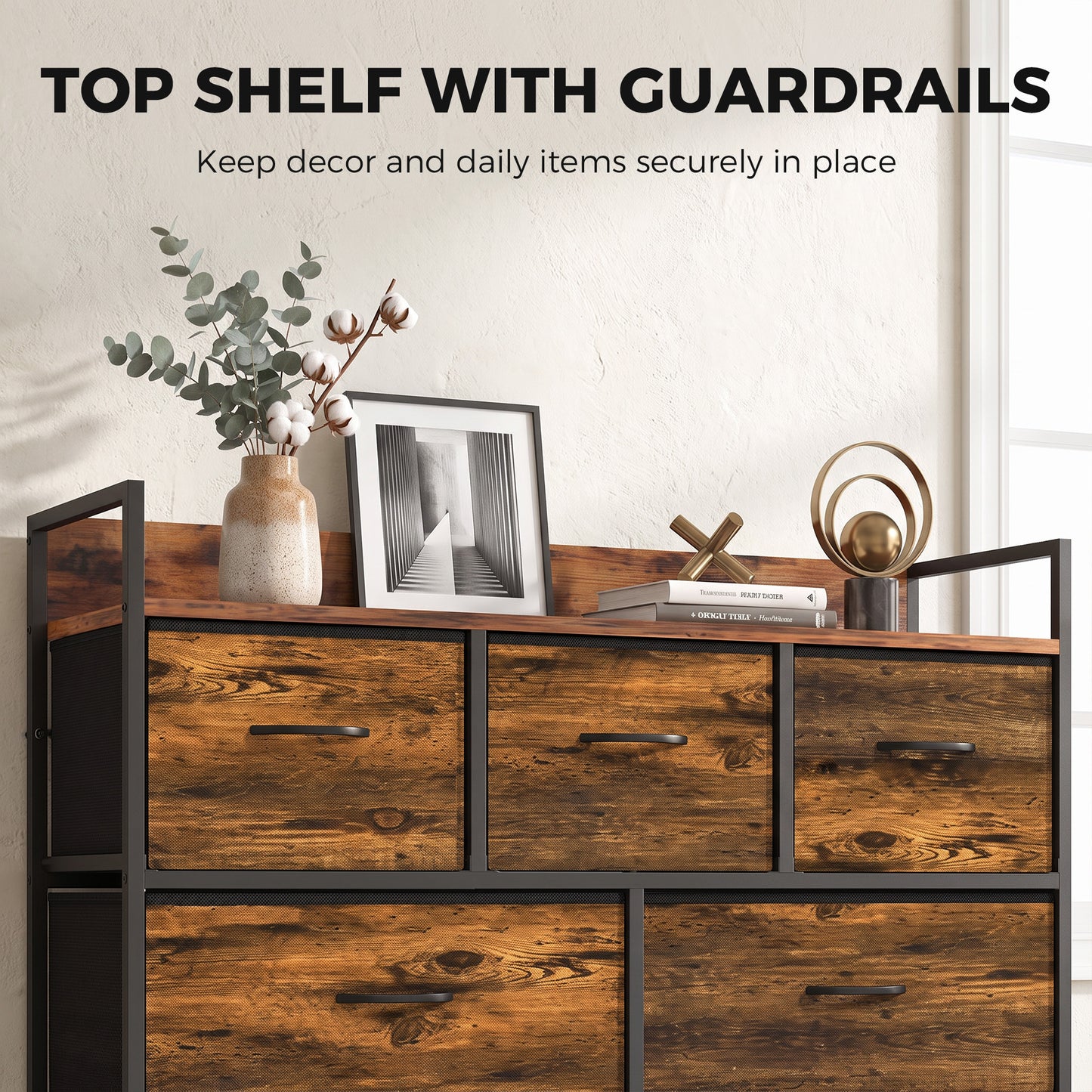 HOMCOM Chest of Drawers with 7 Drawers, Industrial Fabric Storage Unit with Top Shelf and Steel Frame for Bedroom, Rustic Brown
