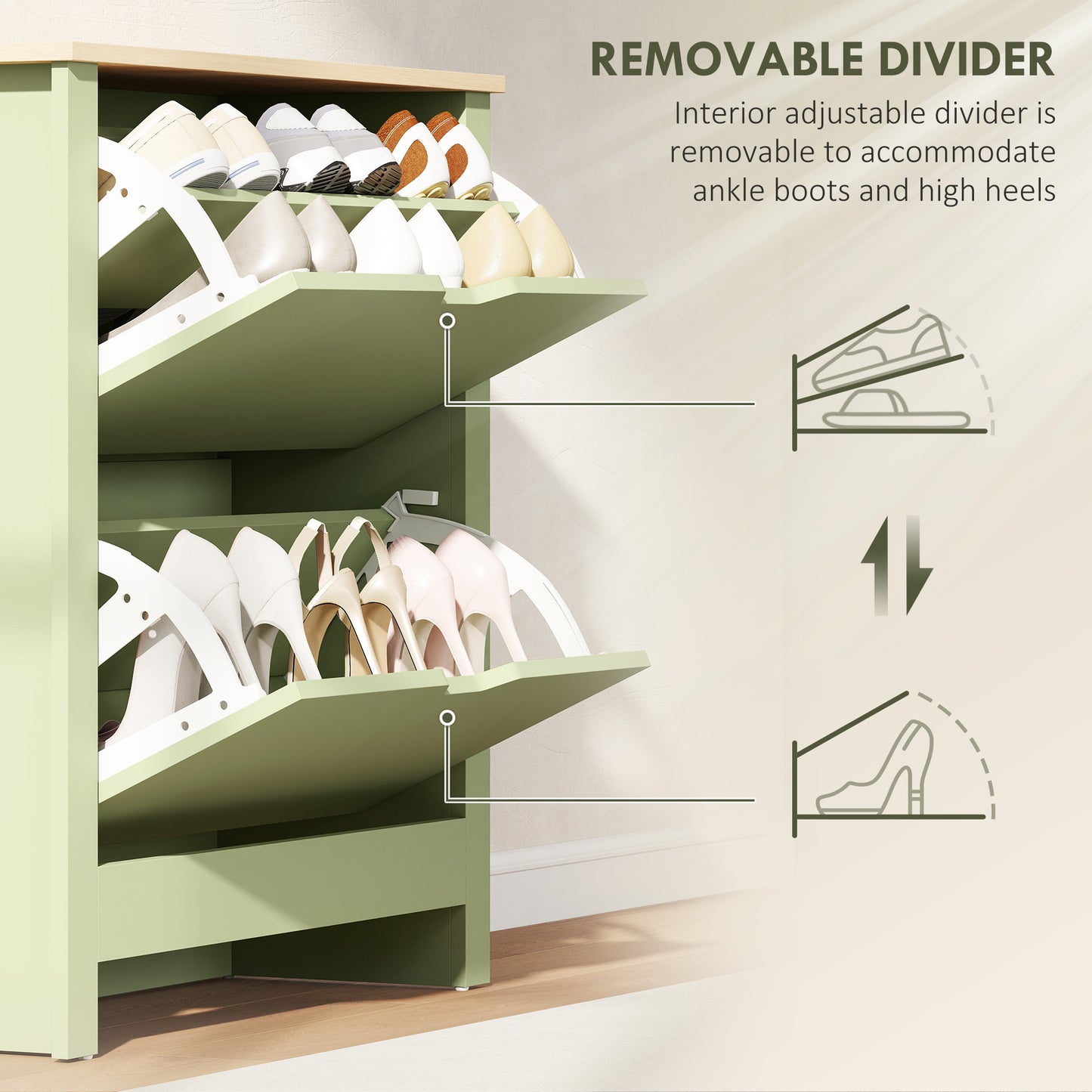 HOMCOM Slim Shoe Cabinet, Narrow Shoe Cupboard with 2 Flip Drawers, Adjustable Shelves for 12 Pairs of Shoes, Green