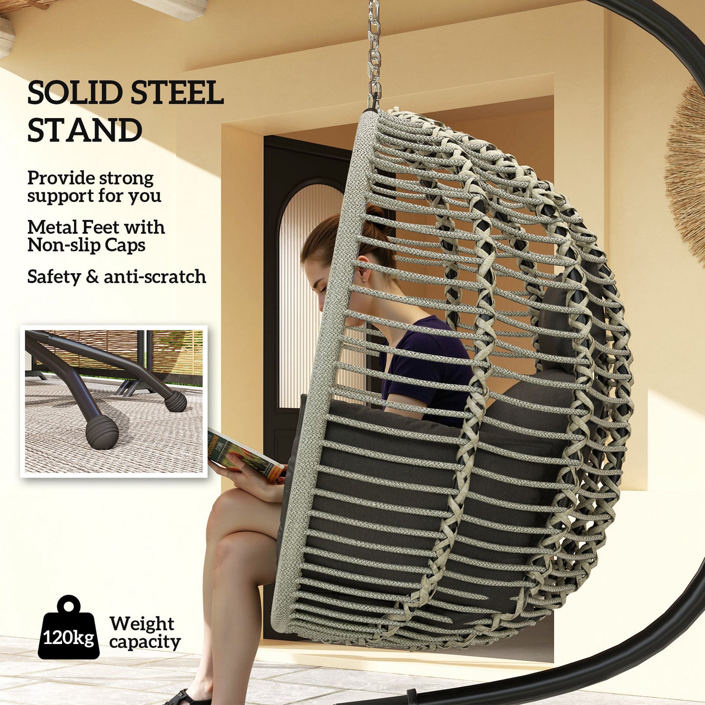 Outsunny Outdoor Swing Chair with Cushion & Metal Stand, Foldable Basket, Cup Holder, Dark Grey