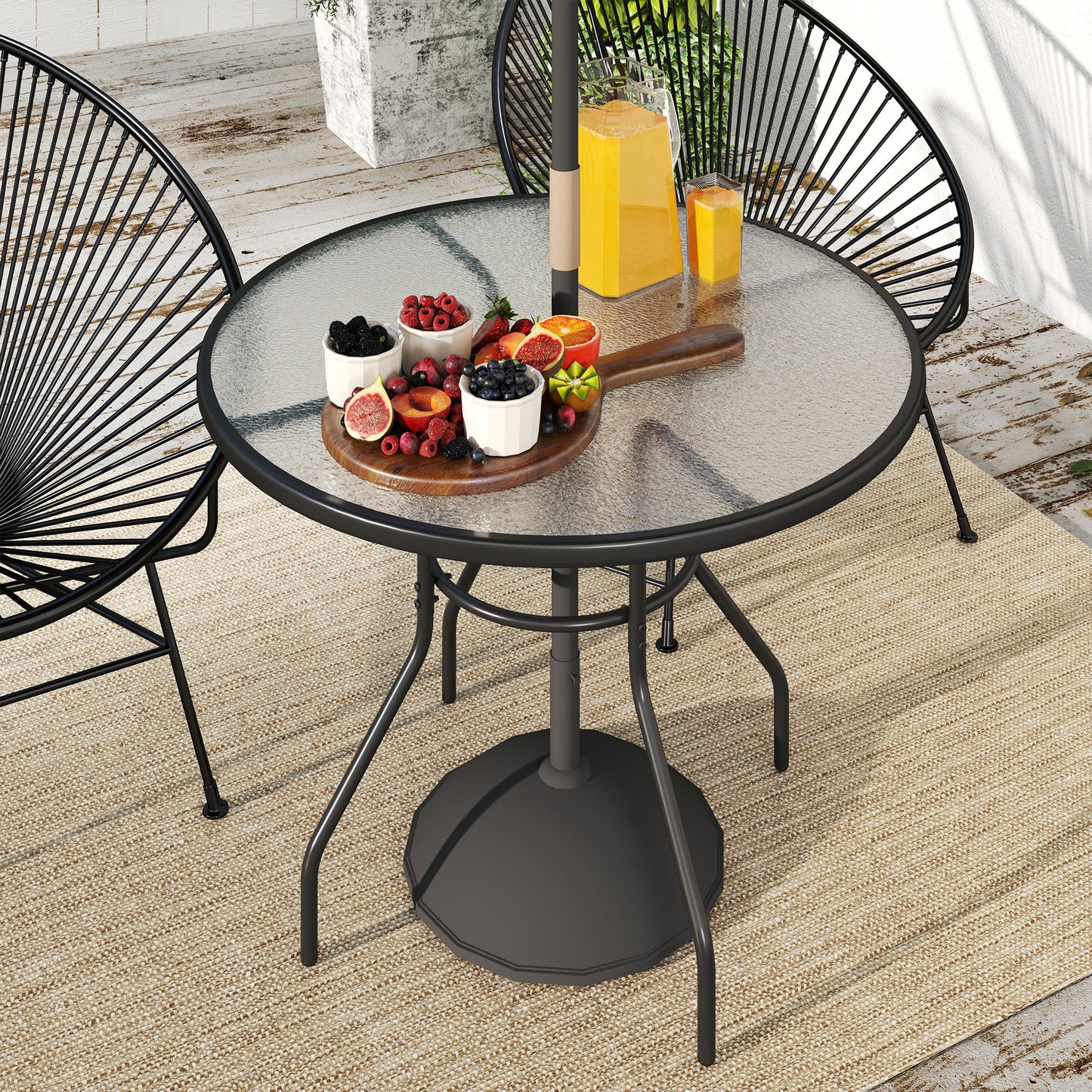 Outsunny 100 cm Round Dining Table with Parasol Hole, Outdoor Coffee End Side Table with Tempered Glass Top, Steel Frame for Garden, Black