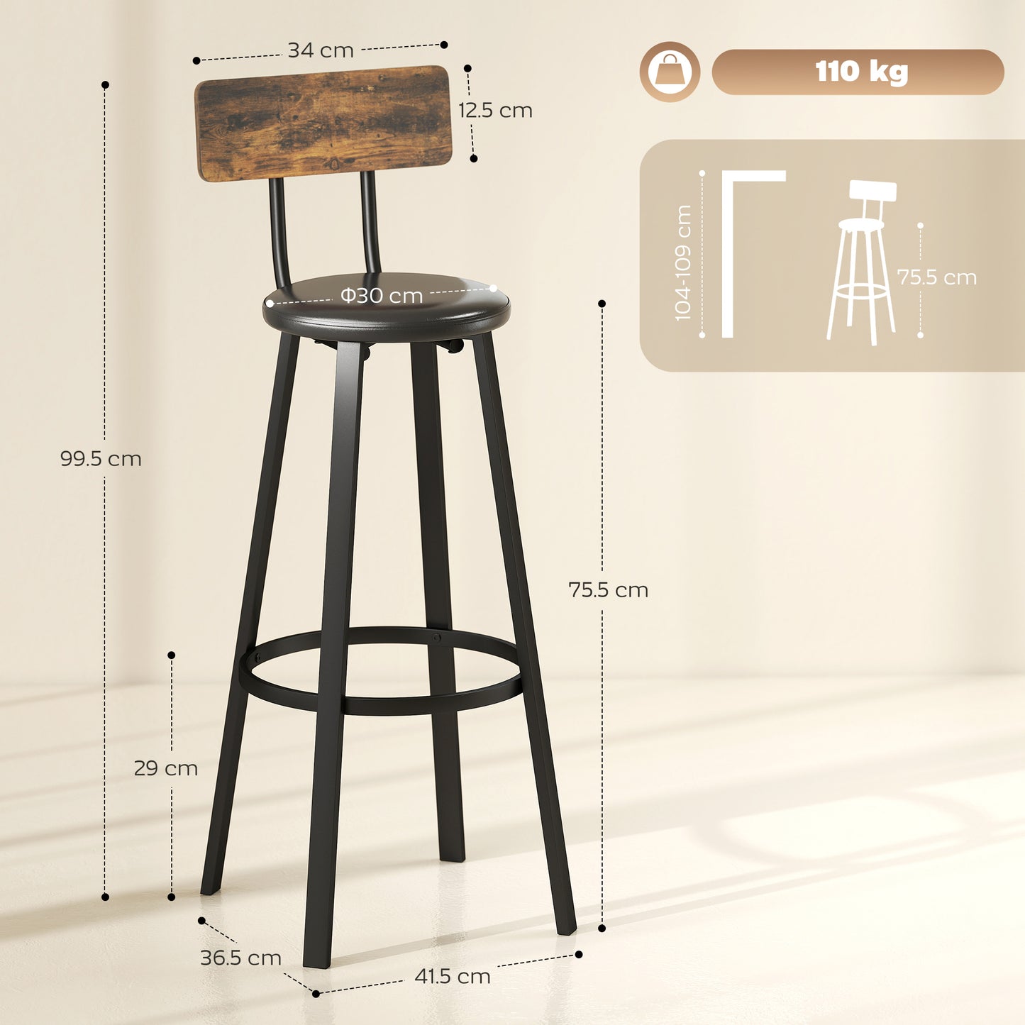 HOMCOM Upholstered Bar Stools Set of 2 with Backrest and Footrest - Rustic Brown and Black