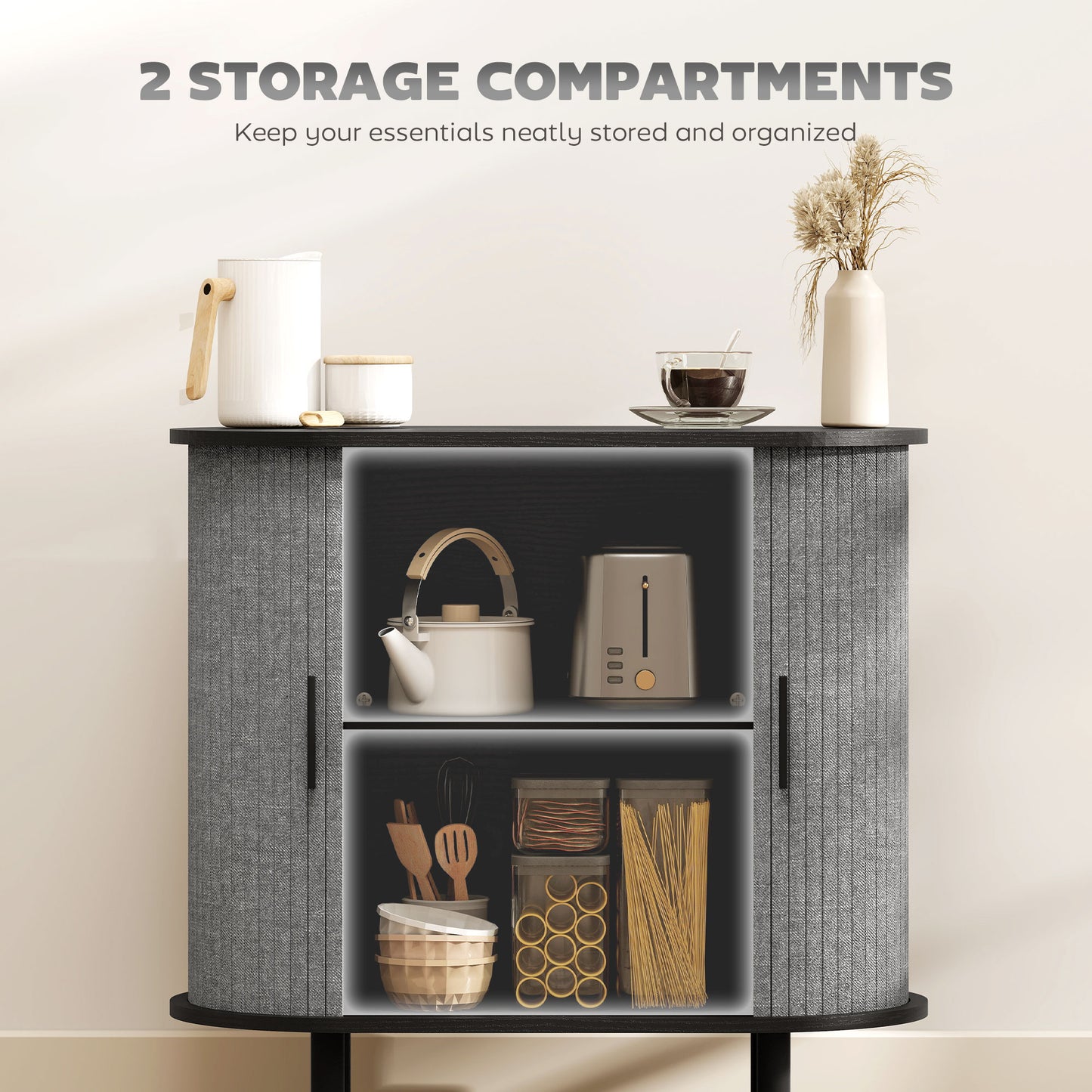 HOMCOM Tambour Sideboard with Fluted Sliding Doors, Modern Kitchen Cupboard with Storage Shelves and Wooden Legs, Grey