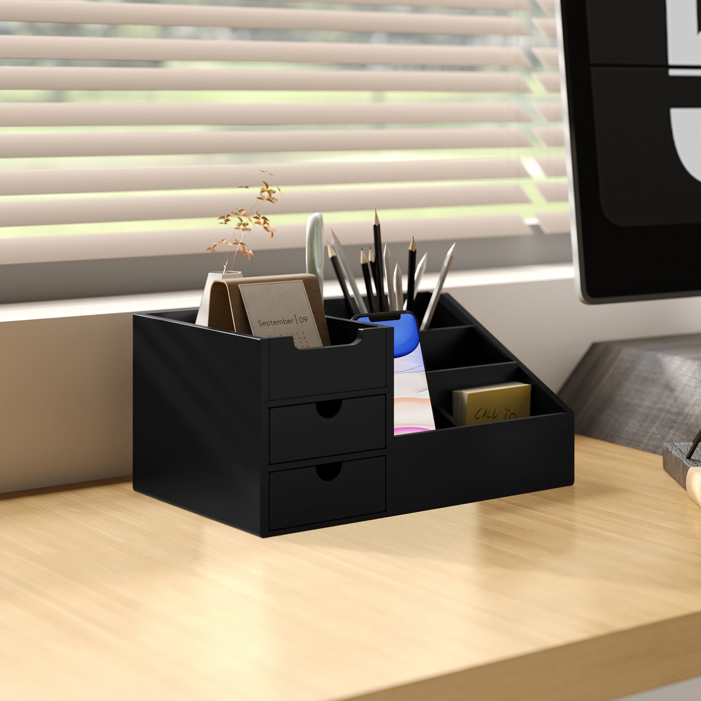 HOMCOM Desk Organiser, Bamboo Storage Caddy with 7 Compartments and 2 Drawers for Home Office Supplies, Black