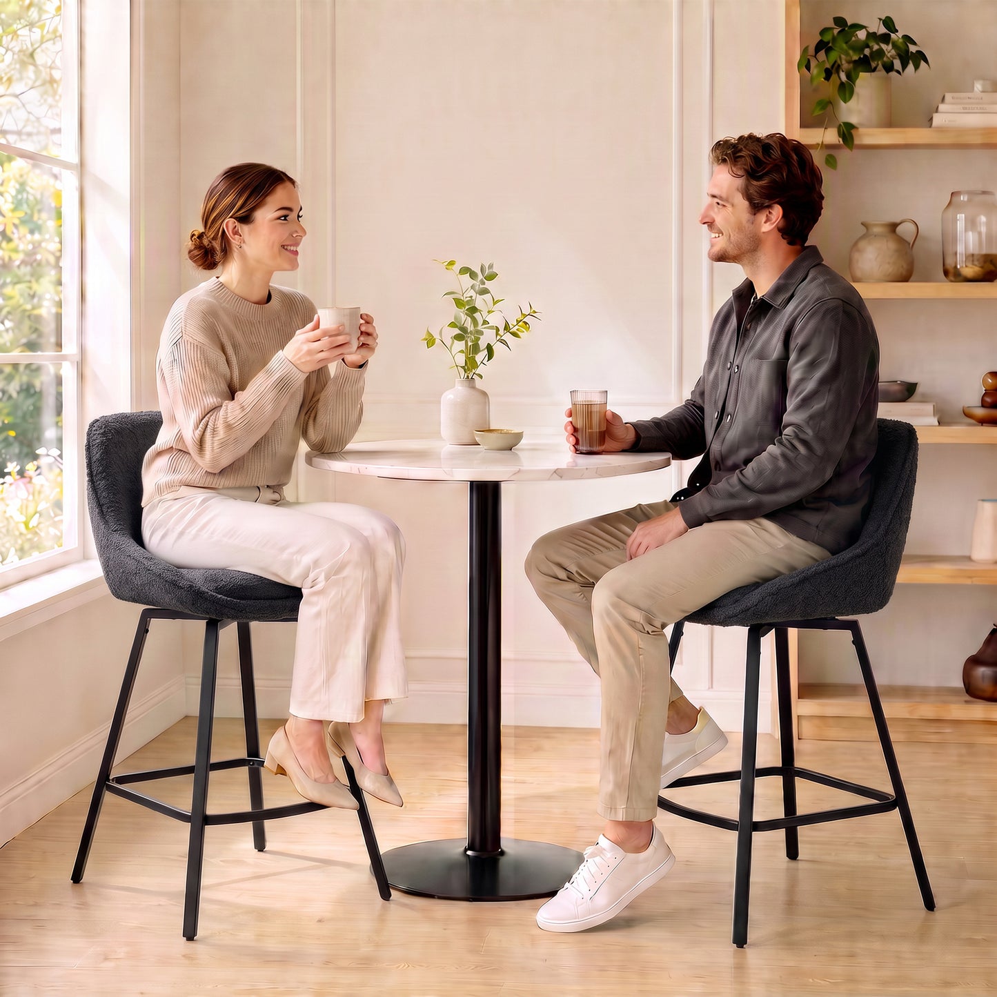 HOMCOM Bar Stools Set of 2, 64 cm Modern Linen-Touch Fabric 360° Swivel Counter Height Bar Chairs, Black
