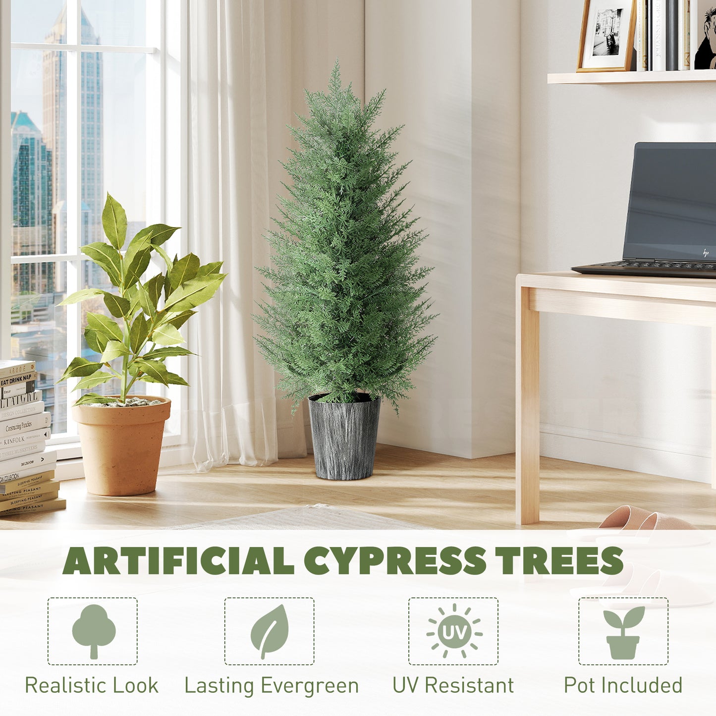 HOMCOM Set of 2 90cm Artificial Cypress Trees, UV Resistant with Decorative Pot, Fake Plants for Indoor/Outdoor Decor, Green