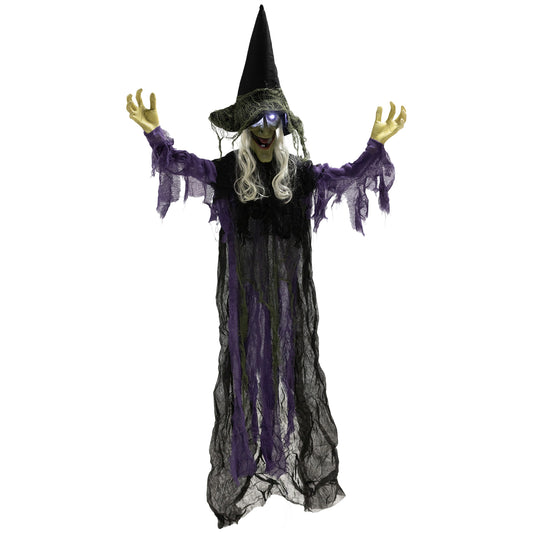 Outsunny Life Size Halloween Animated Hanging Witch, Glowing LED Eyes, Scary Decorations, Battery Operated, Indoor Props, 183 cm, Black