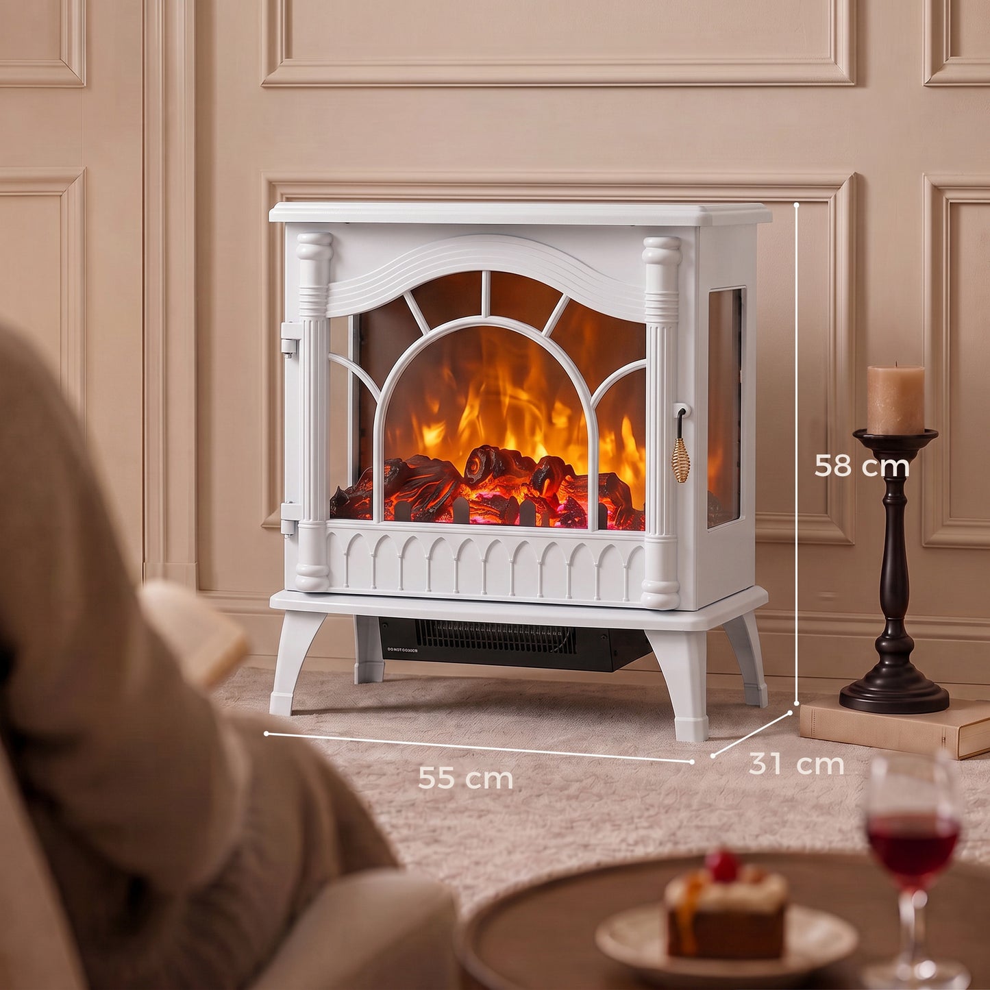 HOMCOM 3-Sided Glass Electric Fire Fan Heater, Electric Fireplace Stove Freestanding Log Burner with Flame Effect, White
