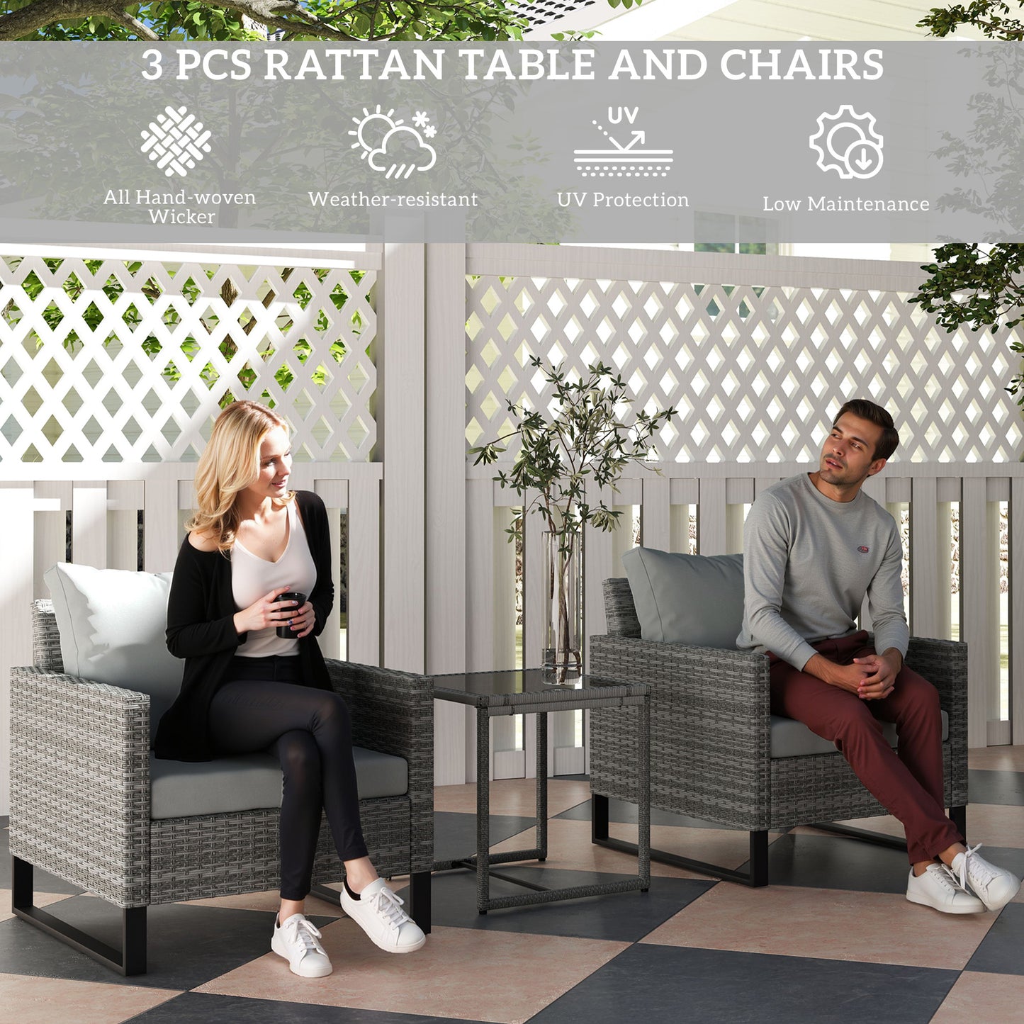 Outsunny Rattan Bistro Set: 3 Pieces with 4 Cushions, Glass Top Table & Chairs for Patio, Balcony, or Conservatory, Grey