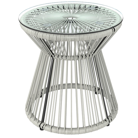 Outsunny Rattan Outdoor Coffee Table, PE Rattan Wicker Bistro Side Table with Tempered Glass Top, Light Grey