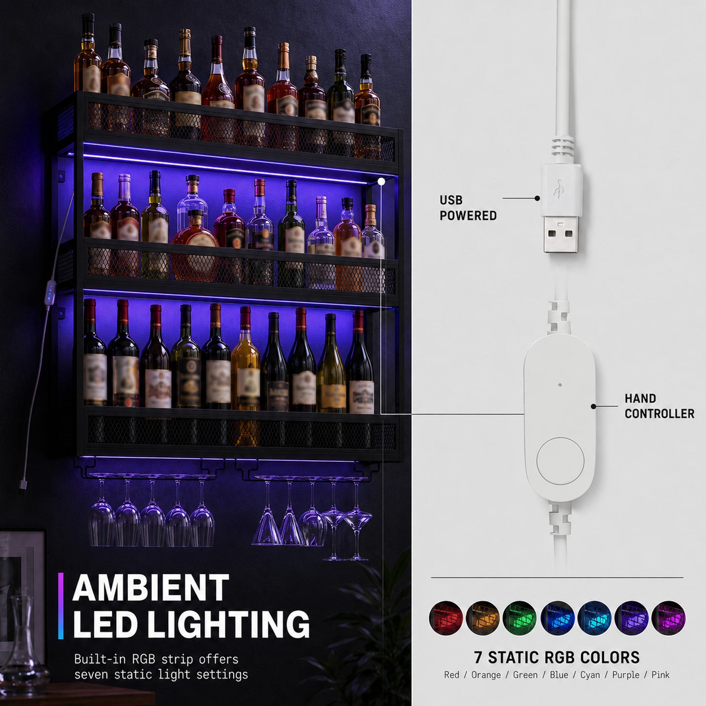 HOMCOM Wall-Mounted Wine Rack with LED Lights, Glass Holders, Open Shelf, Metal Storage Rack, Black