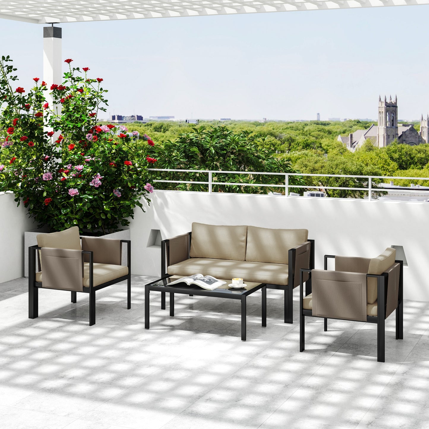 Outsunny 4-Piece Metal Garden Furniture Set with Tempered Glass Table, Loveseat, Single Armchairs, Padded Cushions, Khaki