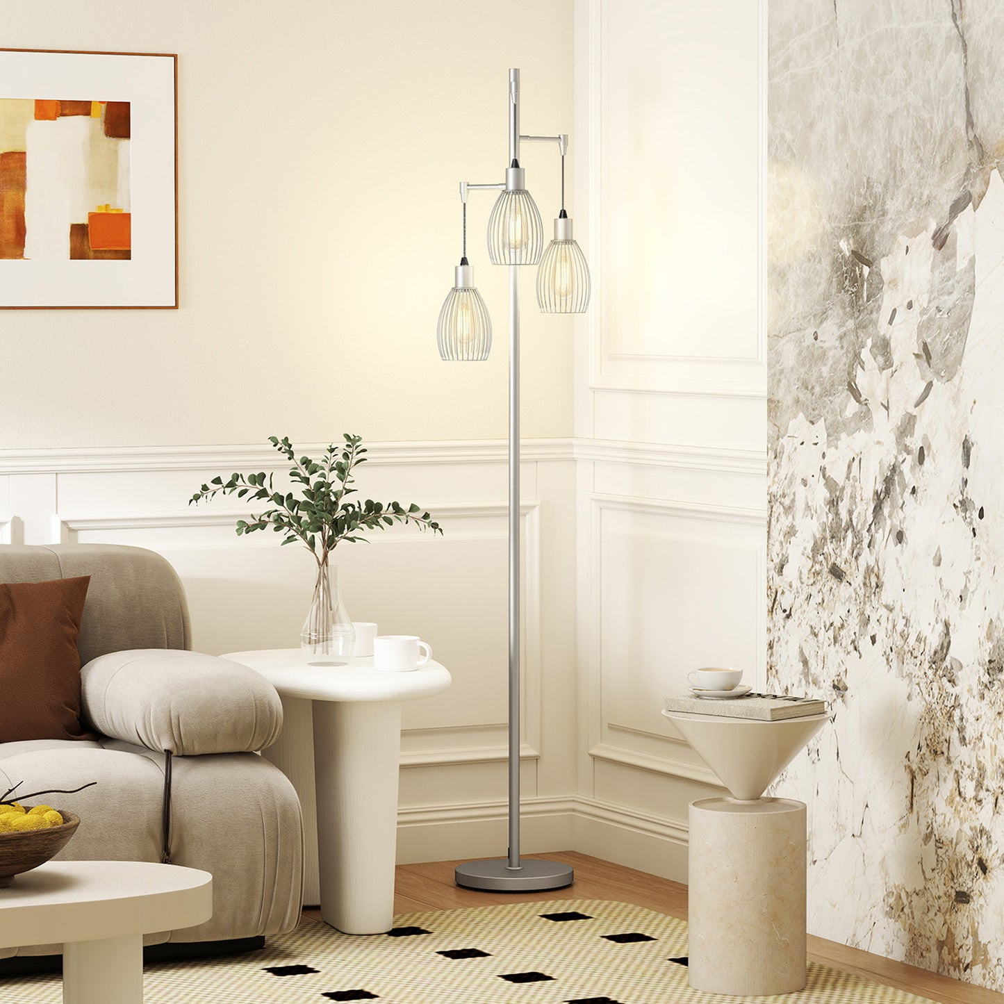 HOMCOM 170.5cm Industrial Dimmable Standing Lamp, 3-Light Floor Lamp with Steel Wire Cage Lampshades, Silver Tone