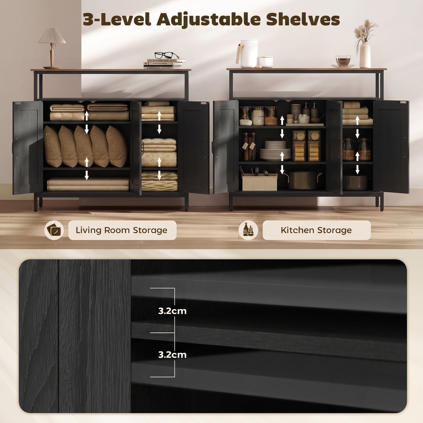 HOMCOM Industrial Kitchen Sideboard with Open Shelf, 2 Cabinets, Adjustable Shelves for Living Room, Dining Room, Black