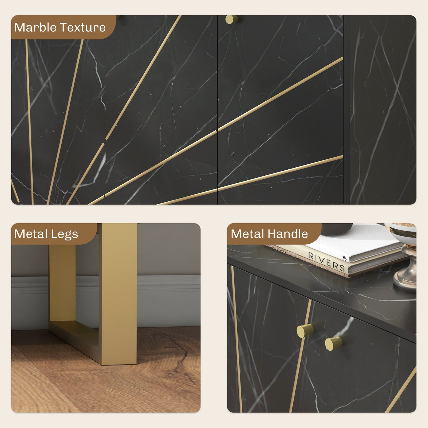 HOMCOM Sideboard Storage Cabinet, Modern Cupboard with Adjustable Shelves and Metal Legs for Living Room, Kitchen, Dining Room, Black Marble Tone